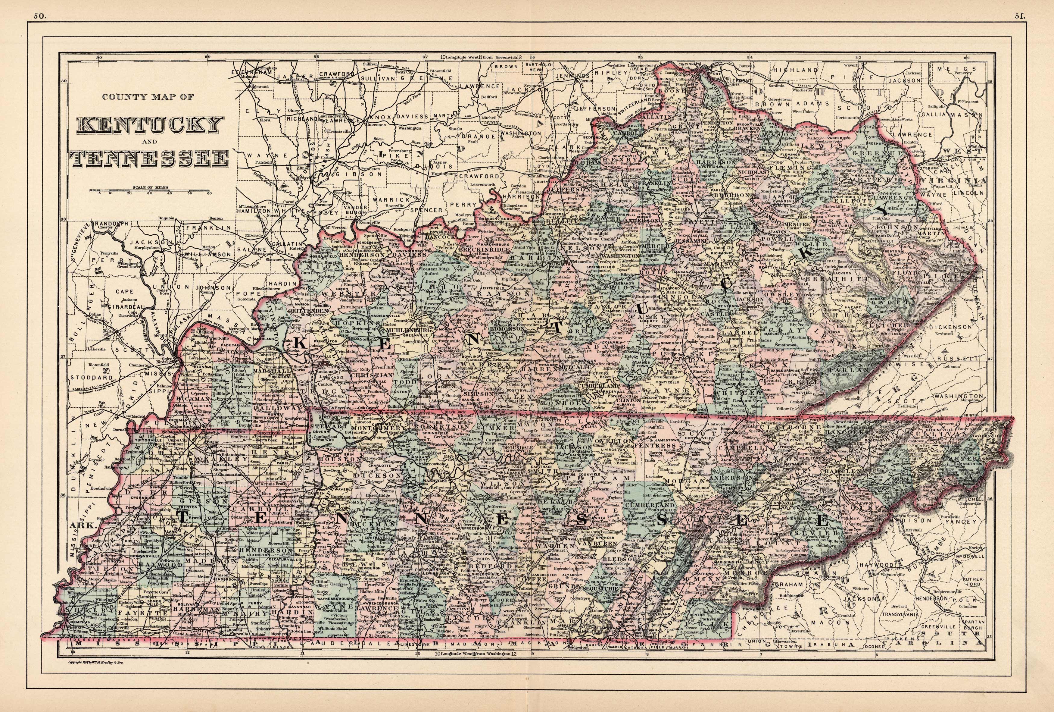 County Map of Kentucky and Tennessee - Art Source International