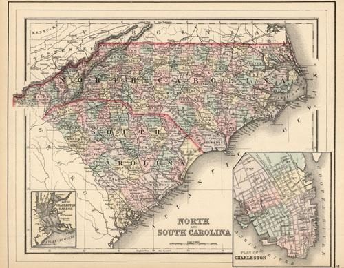 North and South Carolina (with inset maps of Charleston and Charleston Harbor)