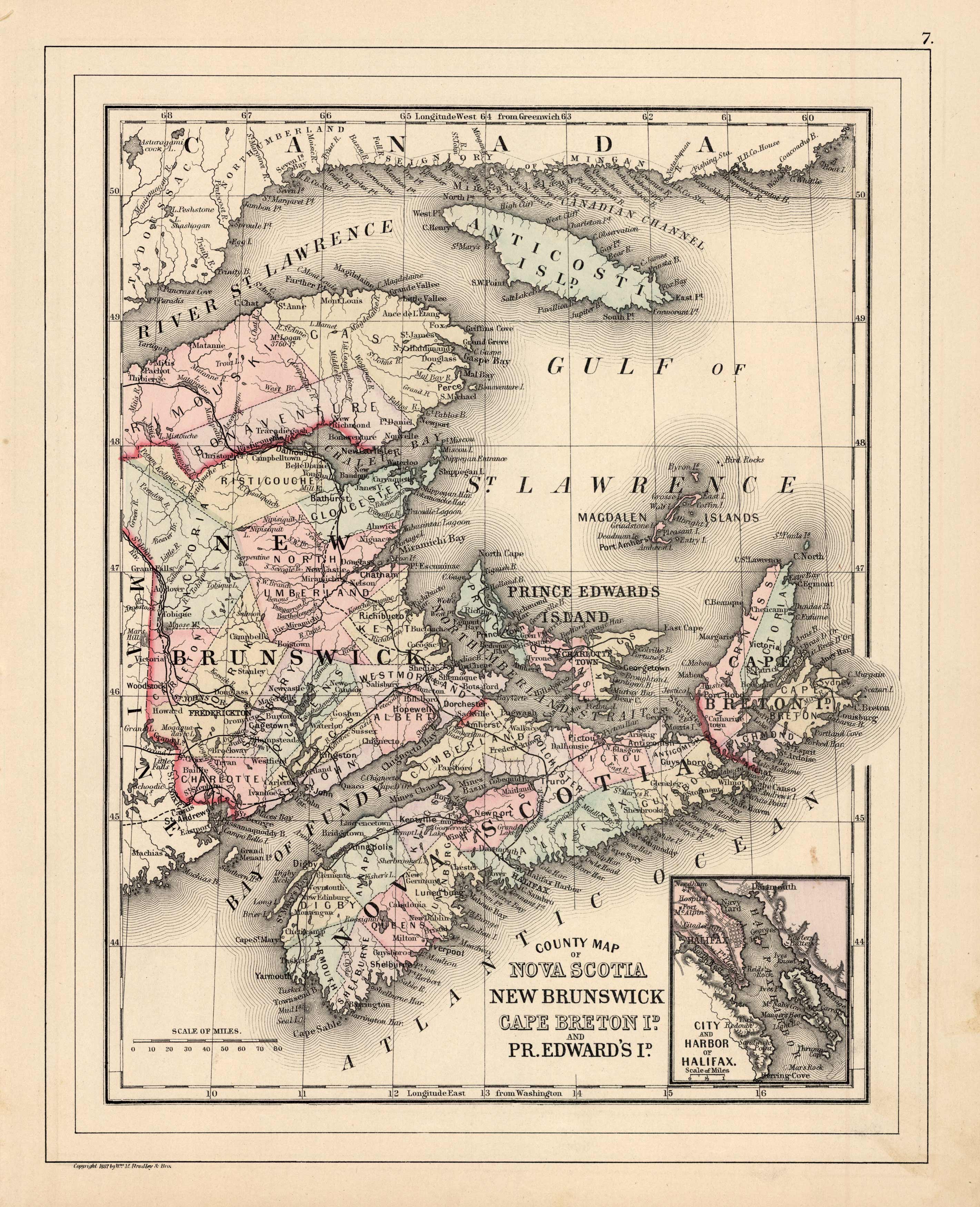 County Map of Nova Scotia New Brunswick Cape Breton Isl. and Prince Edwards Isl. (with an inset map of the city and harbor of Halifax)'