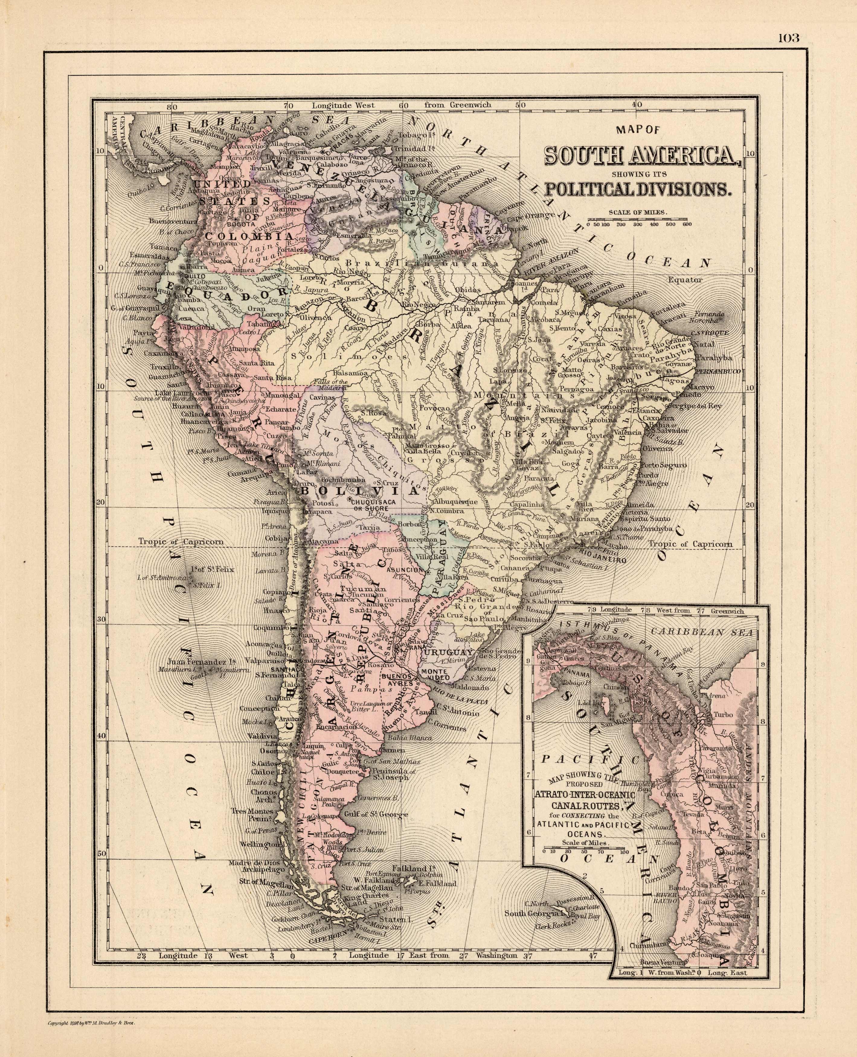 Map of South America showing its Political Divisions (with an inset map showing the proposed Atrato-Inter-Oceanic Canal Routes Map of South America showing its Political Divisions (with an inset map showing the proposed Atrato-Inter-Oceanic Canal Routes