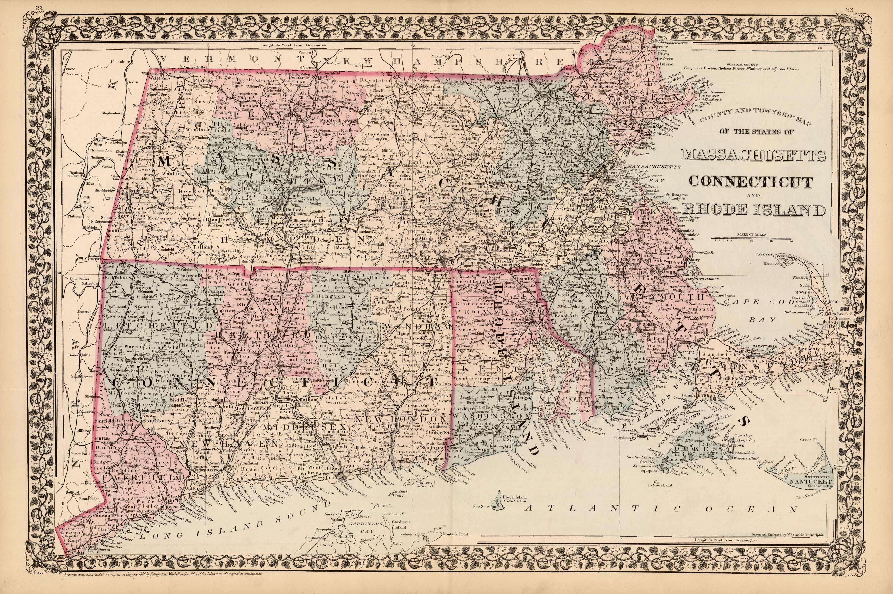 County & Township Map of the States of Massachusetts Connecticut and ...