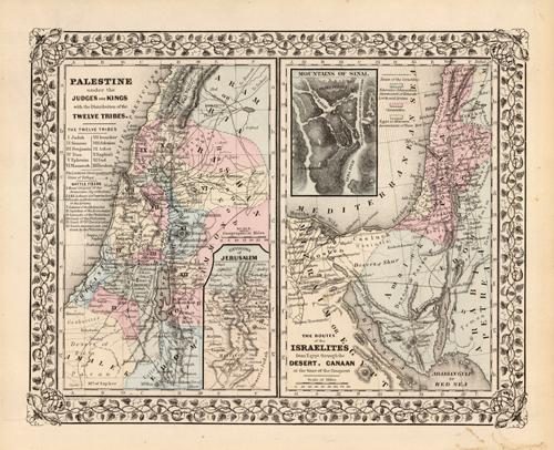 Palestine under the Judges and Kings with the Distribution of the Twelve Tribes; Environs of Jerusalem; The Routes of the Israelites from Egypt through the Desert Canaan at the time of the Conquest