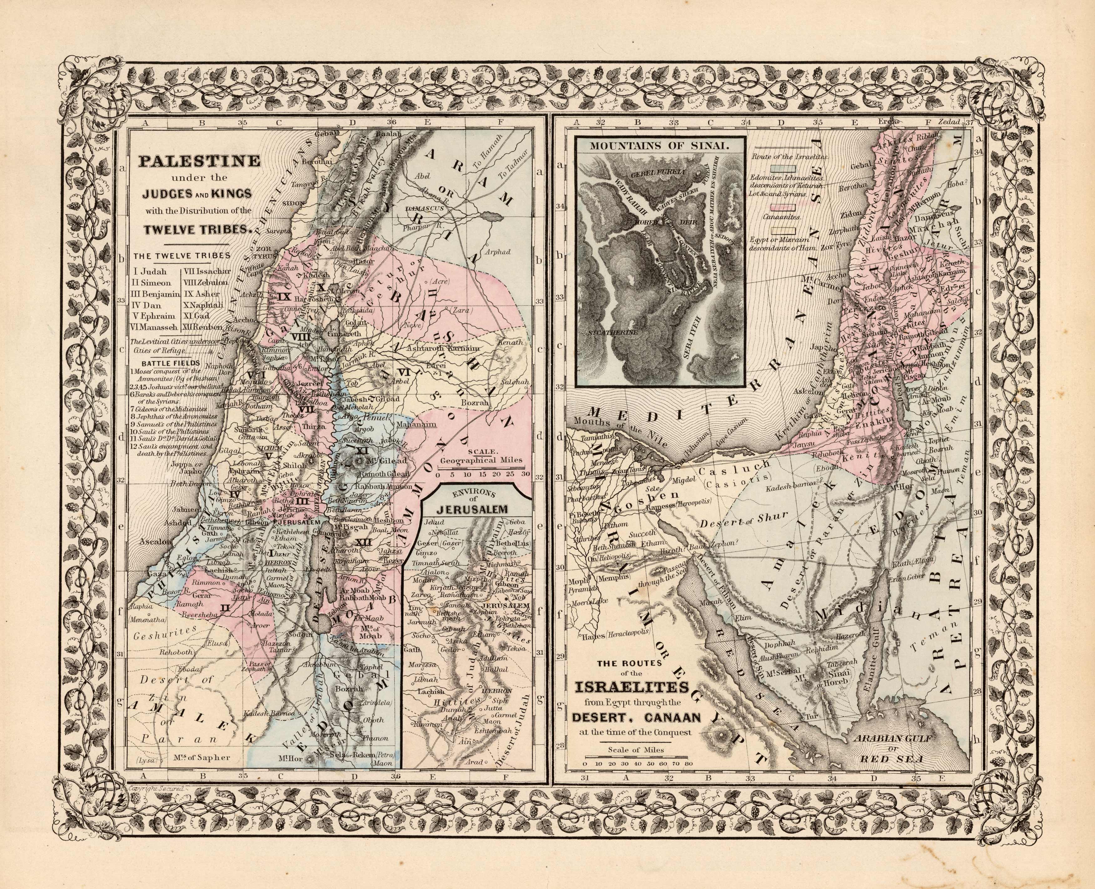 Palestine under the Judges and Kings with the Distribution of the Twelve Tribes; Environs of Jerusalem; The Routes of the Israelites from Egypt through the Desert Canaan at the time of the Conquest Palestine under the Judges and Kings with the Distribution of the Twelve Tribes; Environs of Jerusalem; The Routes of the Israelites from Egypt through the Desert Canaan at the time of the Conquest