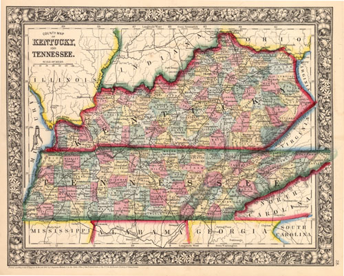 County Map of Kentucky and Tennessee - Art Source International