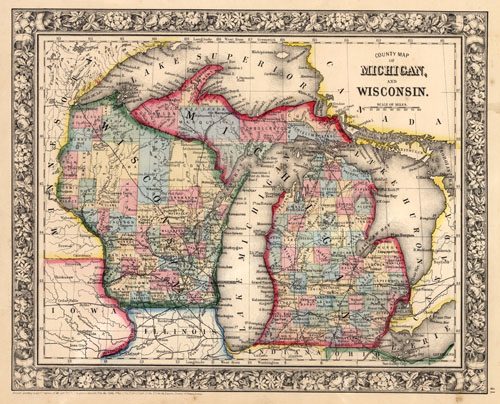 County Map of Michigan and Wisconsin