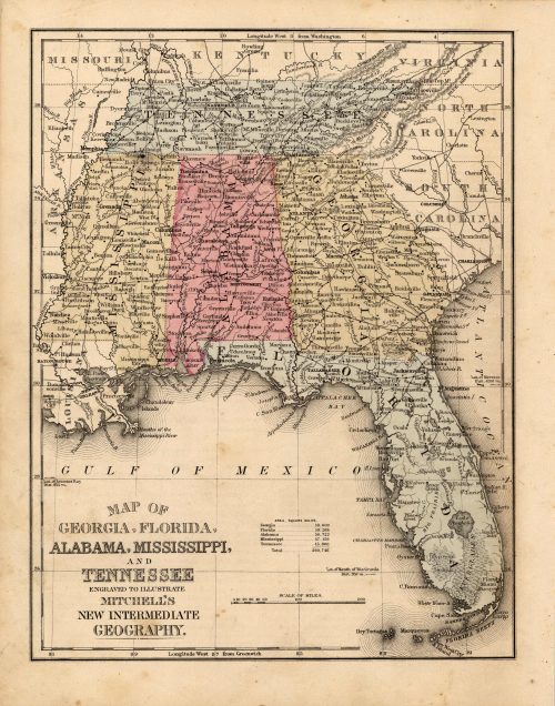 Map of the Gulf South States – Louisiana, Mississippi, Alabama, Florida