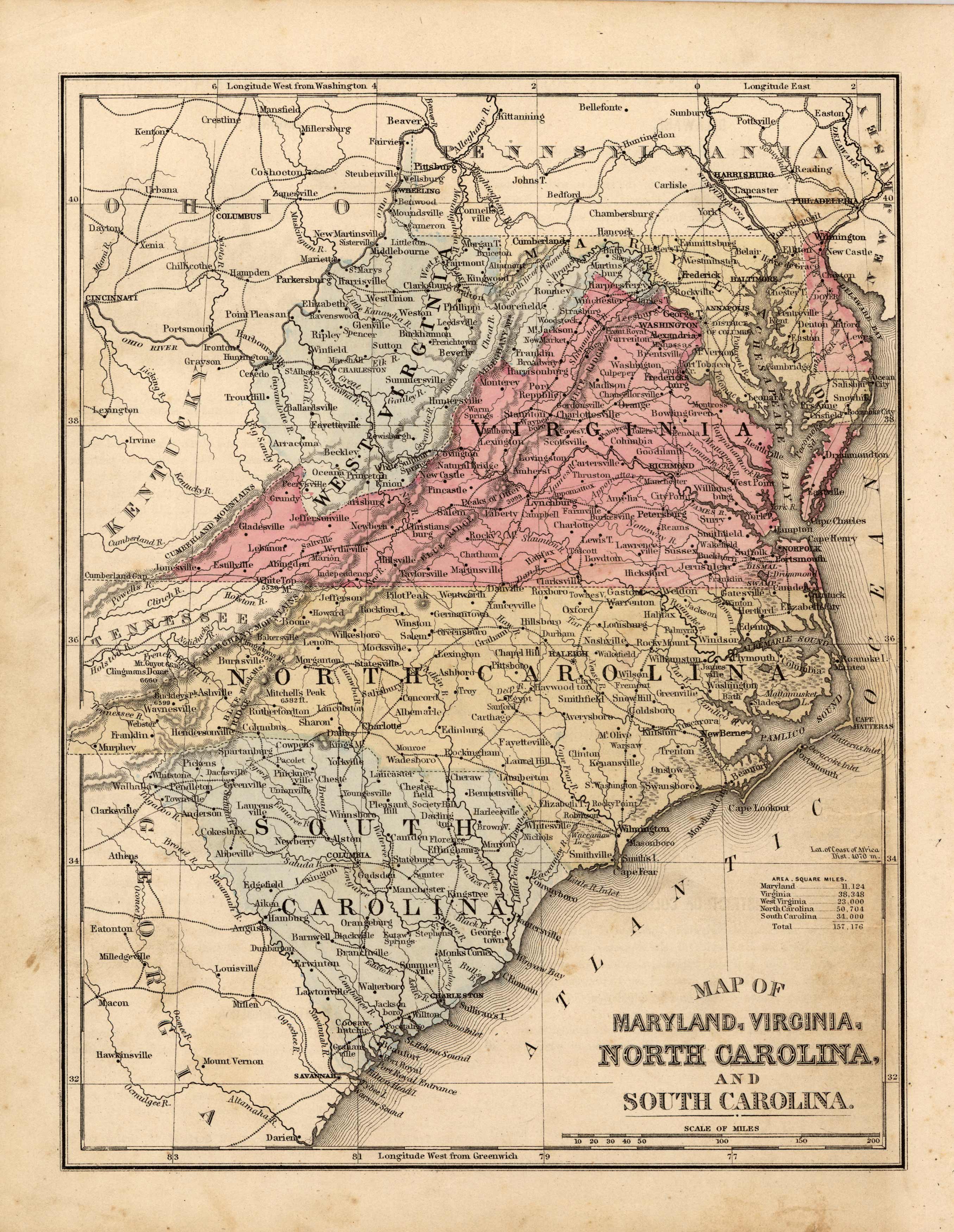 Map of Maryland, Virginia, North Carolina, and South Carolina - Art ...