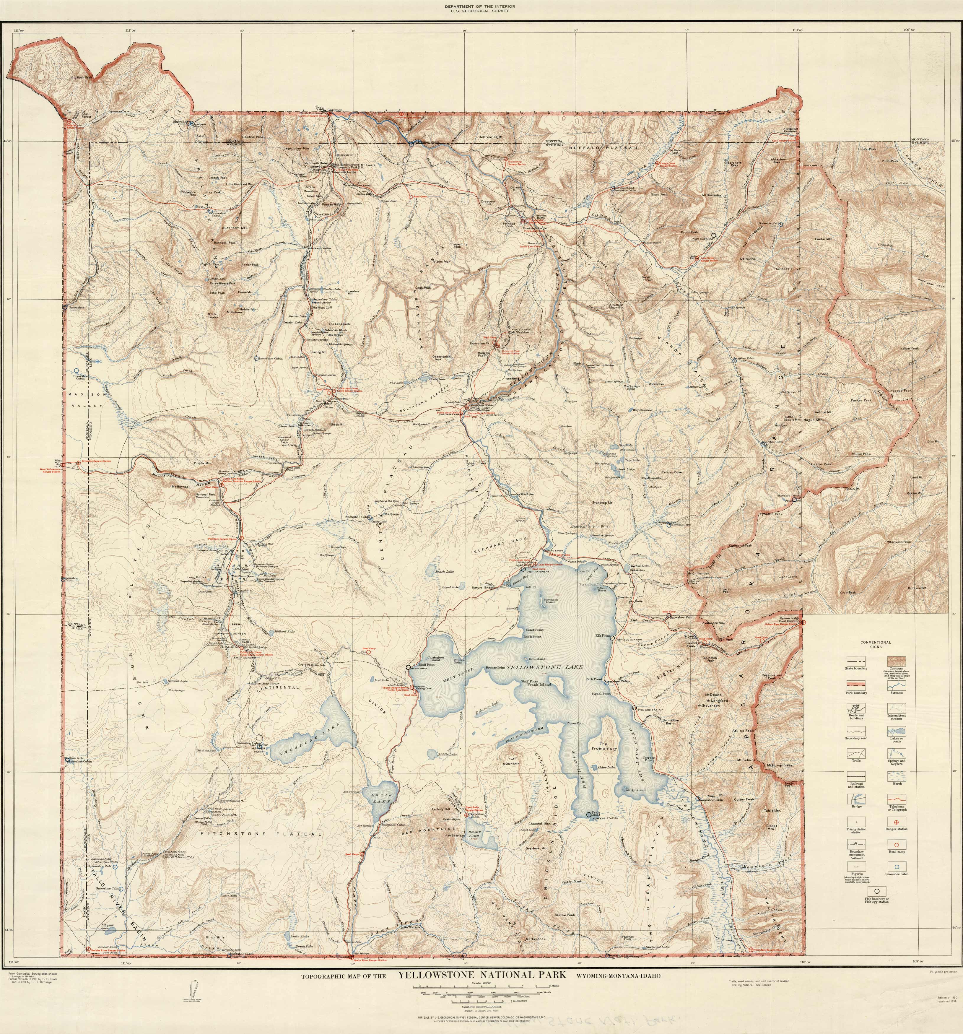 Topographic Map of the Yellowstone National Park, Wyoming, Montana 