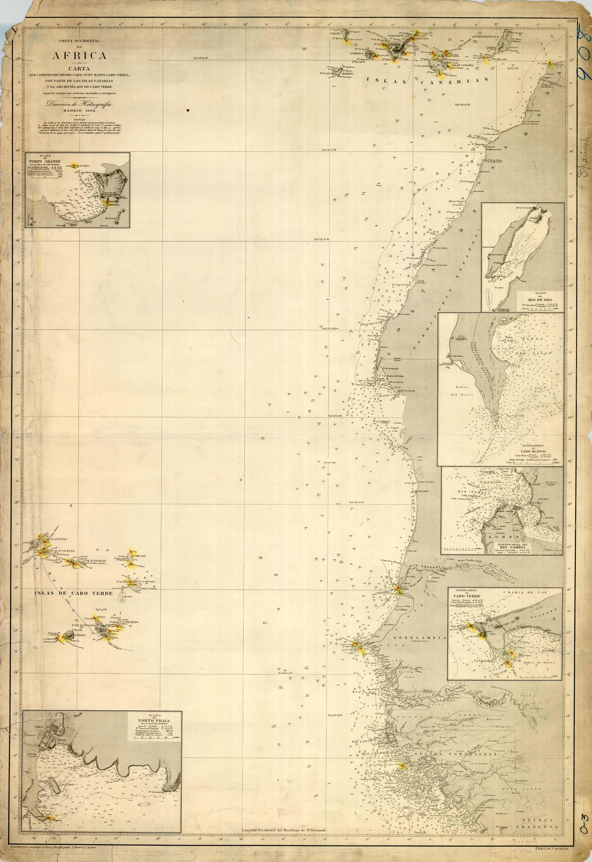 Costa Occidental de Africa - Rio de Oro - Fondeaderos (Anchorage) de Cabo Blanco - Desembocadura del (Mouth of) Rio Gambia - Fondeadero (Anchorage) de Cabo Verde - Plano de Porto Praia y Porto Grande