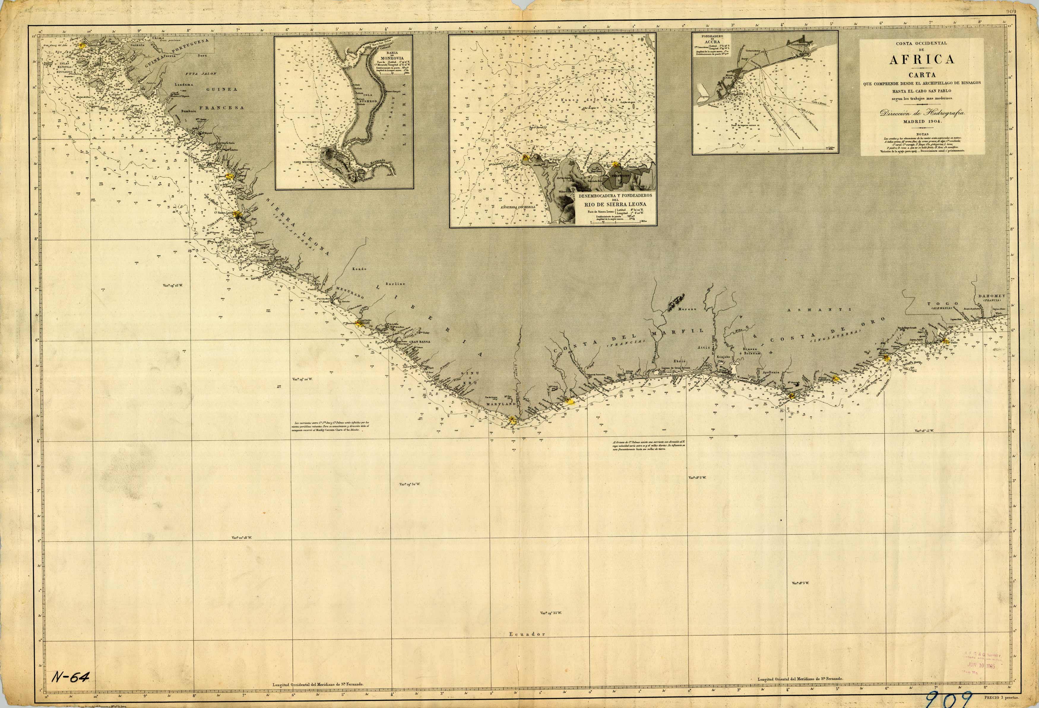 Costa Occidental de Africa - Carta que comprende desde el archipielago de Bissagos hasta el Cabo San Pablo (West Coast of Africa - including the Charter of archipielago Bissagos to Cape San Pablo) Costa Occidental de Africa - Carta que comprende desde el archipielago de Bissagos hasta el Cabo San Pablo (West Coast of Africa - including the Charter of archipielago Bissagos to Cape San Pablo)