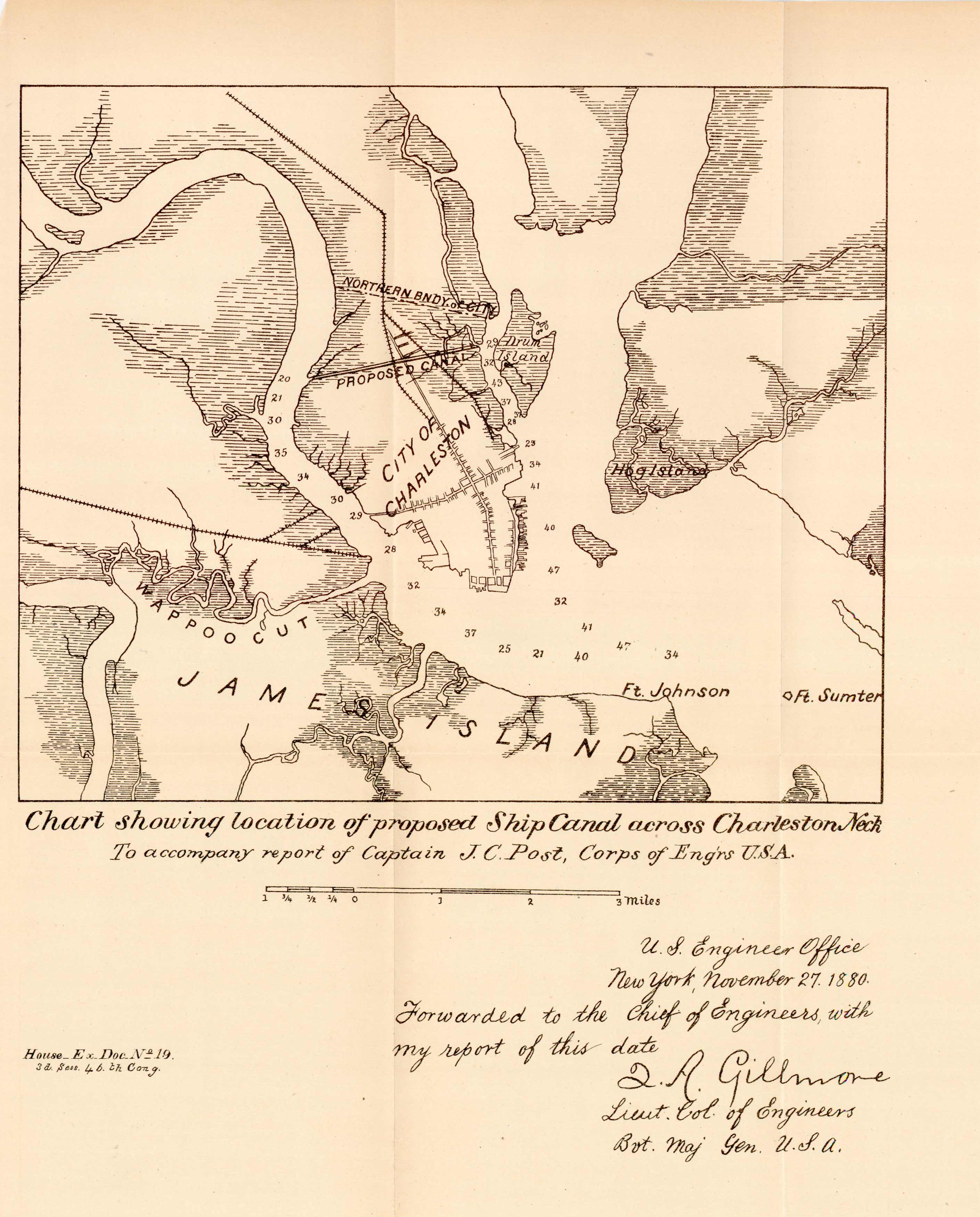 Chart showing location of proposed Ship Canal across Charleston Neck - To accompany report of Captain J.C. Post
