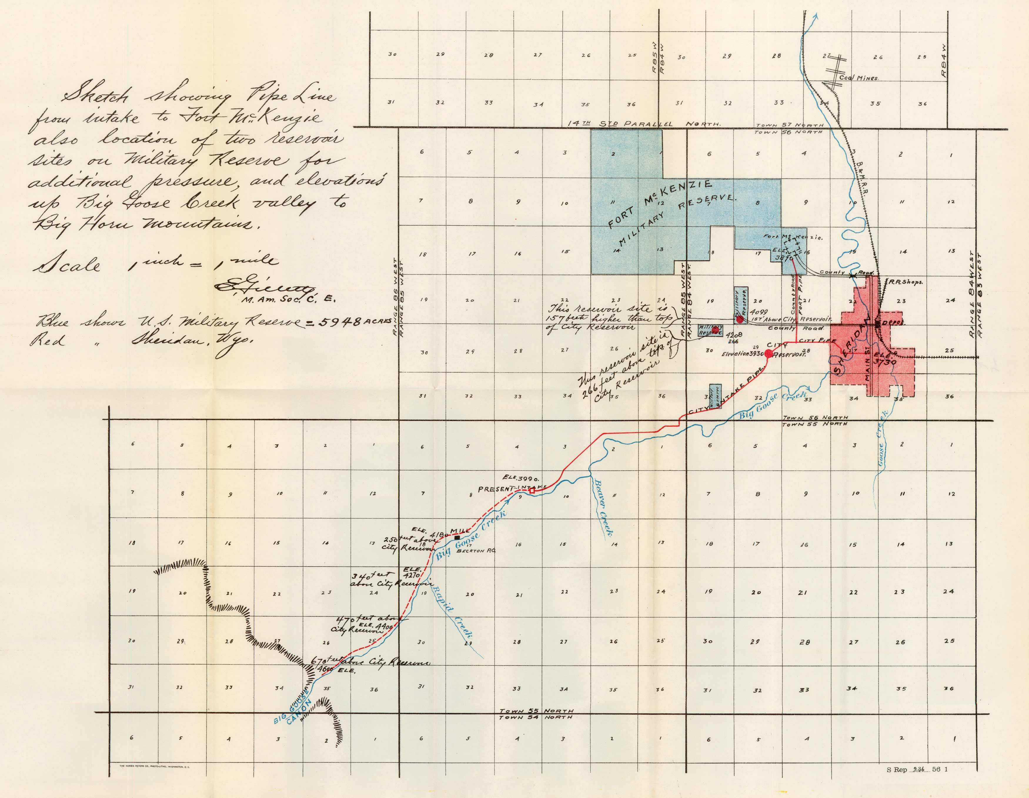 Sketch showing pipeline from intake to Fort McKenzie