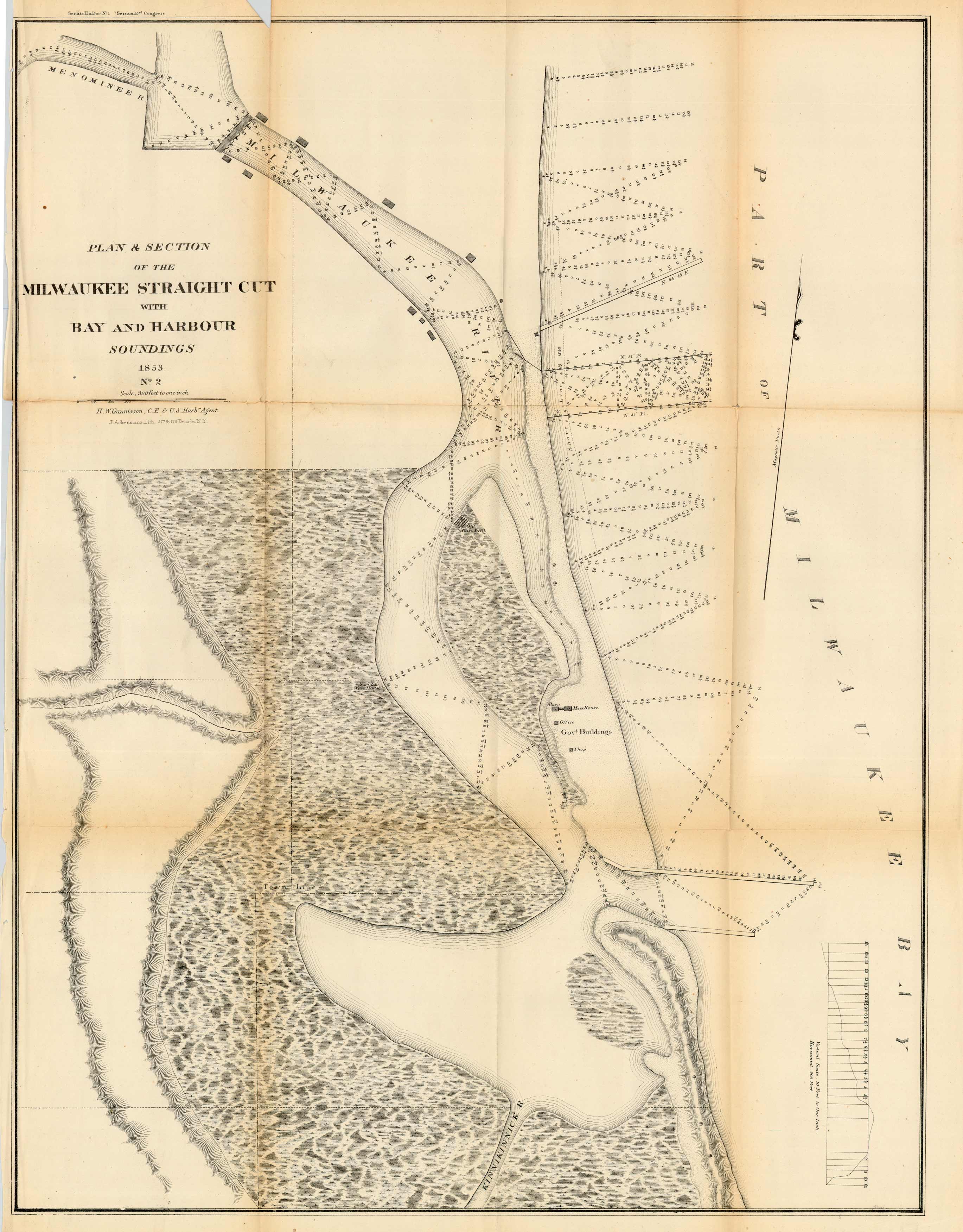 Plan and Section of the Milwaukee Straight Cut with Bay and Harbour Soundings