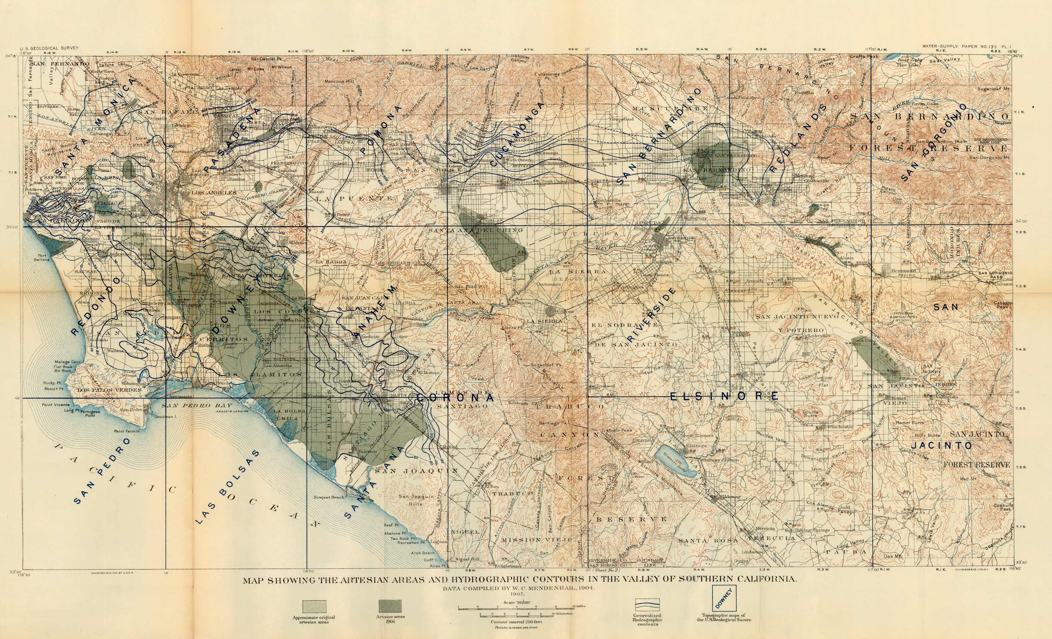 Map showing the Artesian Areas and Hydrographic Contours in the Valleys of Southern California