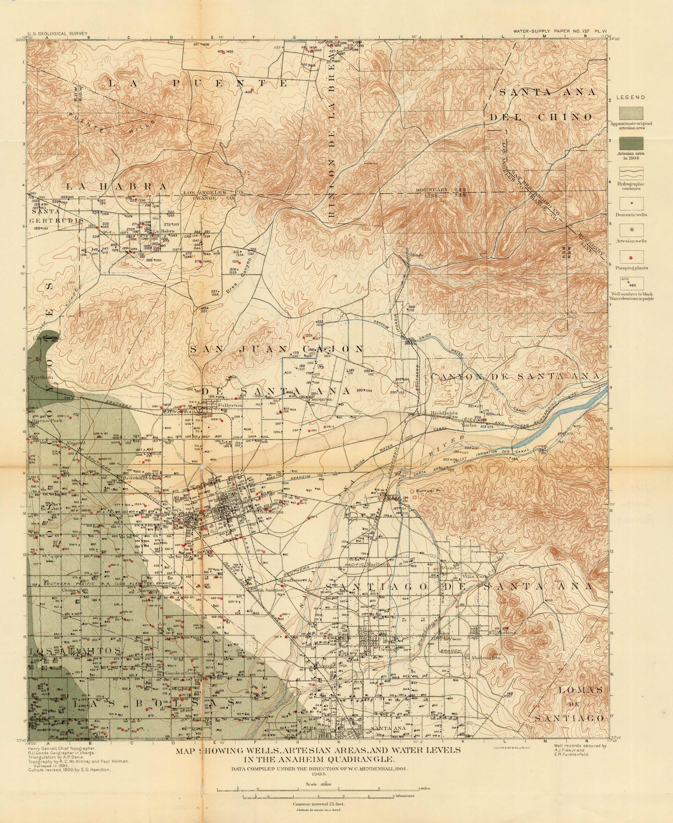 Map Showing Wells, Artesian Areas, and Water Levels in the Anaheim ...