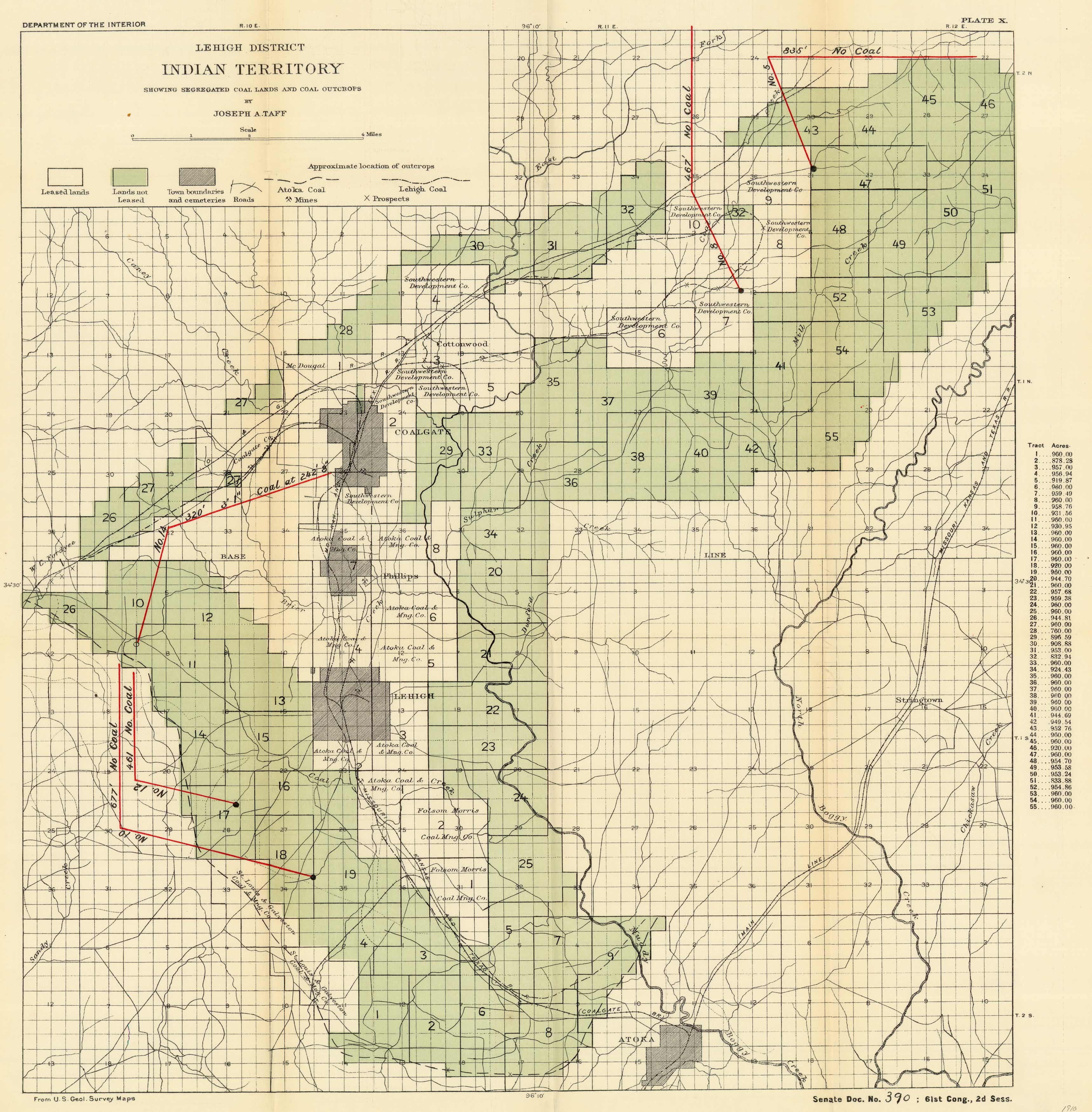 Lehigh District - Indian Territory - Showing Segregated Coal Lands and Coal Outcrops