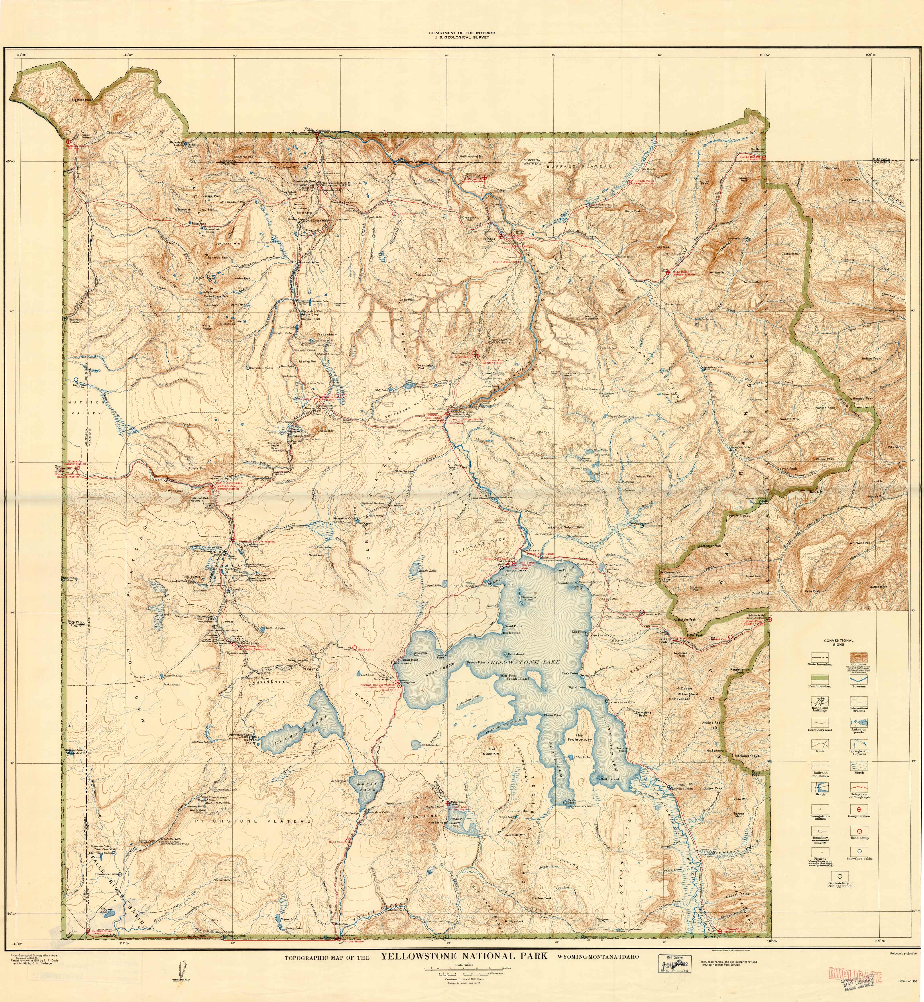 Topographic Map of the Yellowstone National Park - Wyoming-Montana-Idaho
