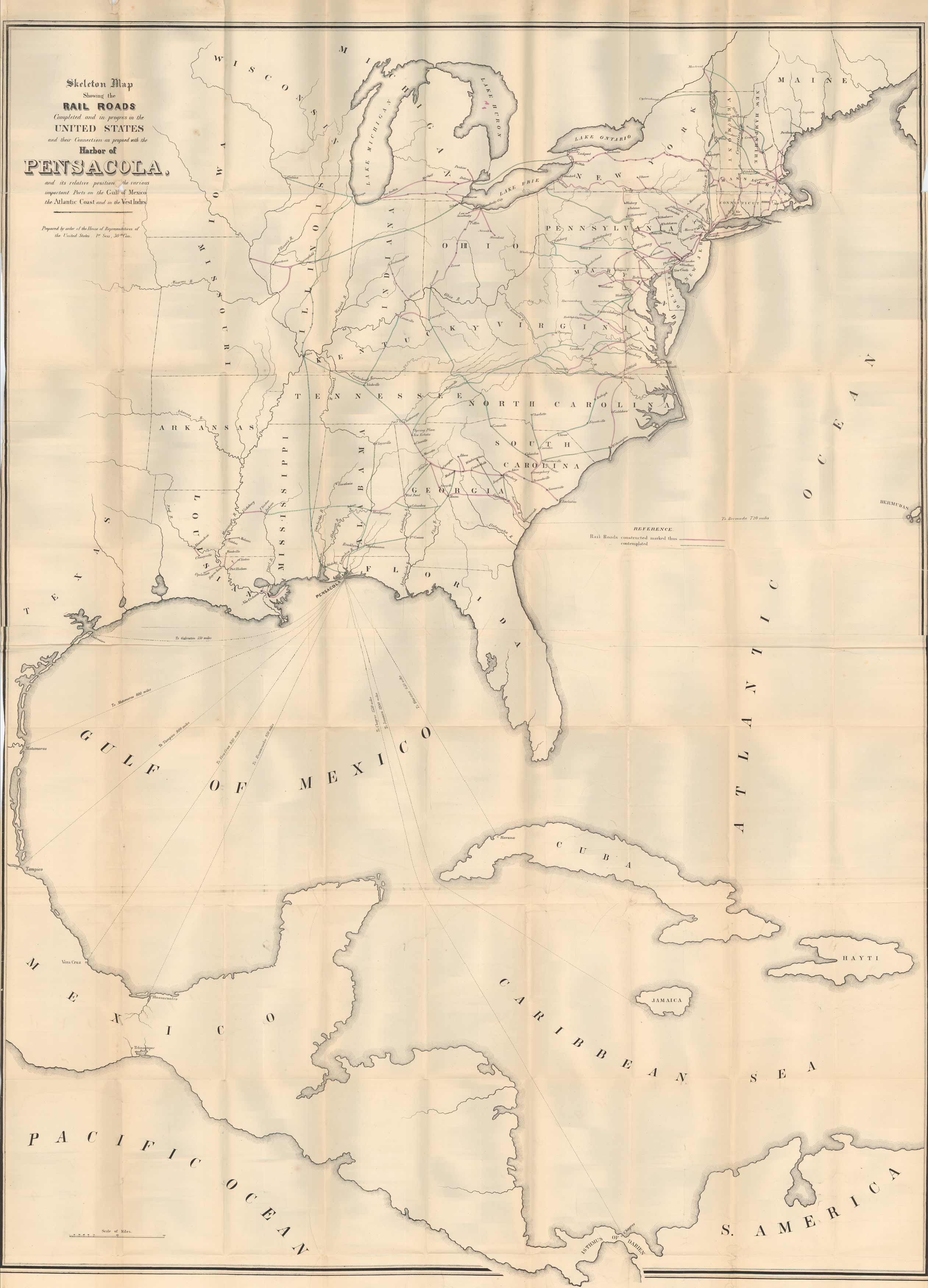 Skeleton Map Showing the Rail Roads Completed and in progress in the United States and their Connection as proposed with the Harbor of Pensacola