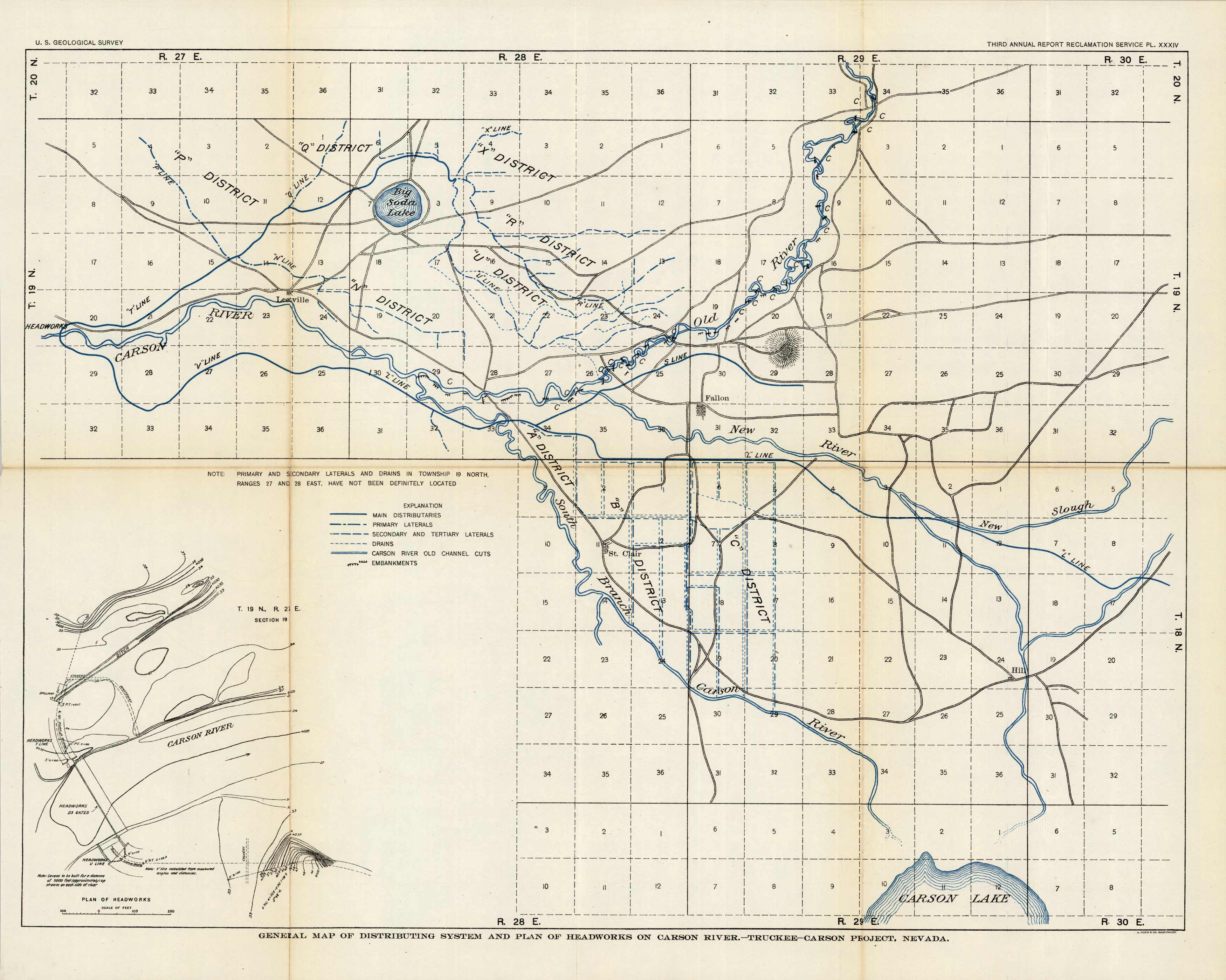 General Map of Distributing System and Plan of Headworks on Carson River - Truckee Carson Project