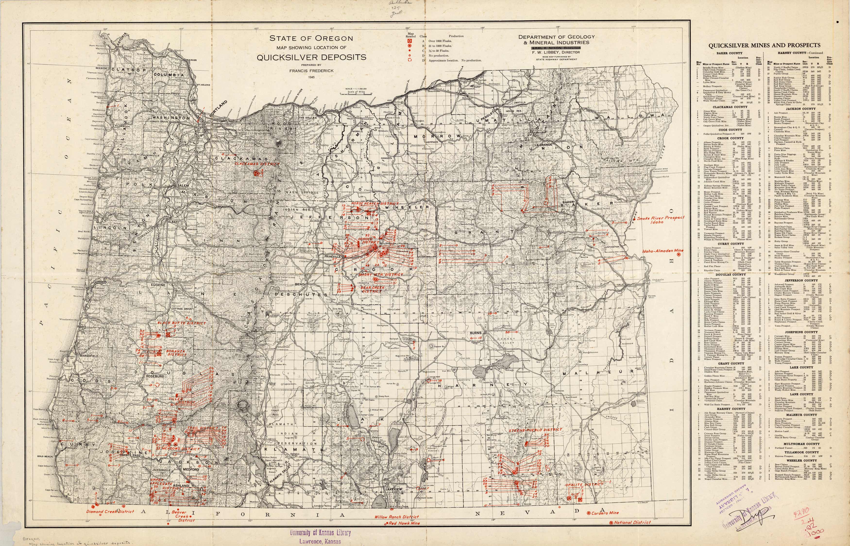 State of Oregon Map Showing Location of Quicksilver Deposits State of Oregon Map Showing Location of Quicksilver Deposits