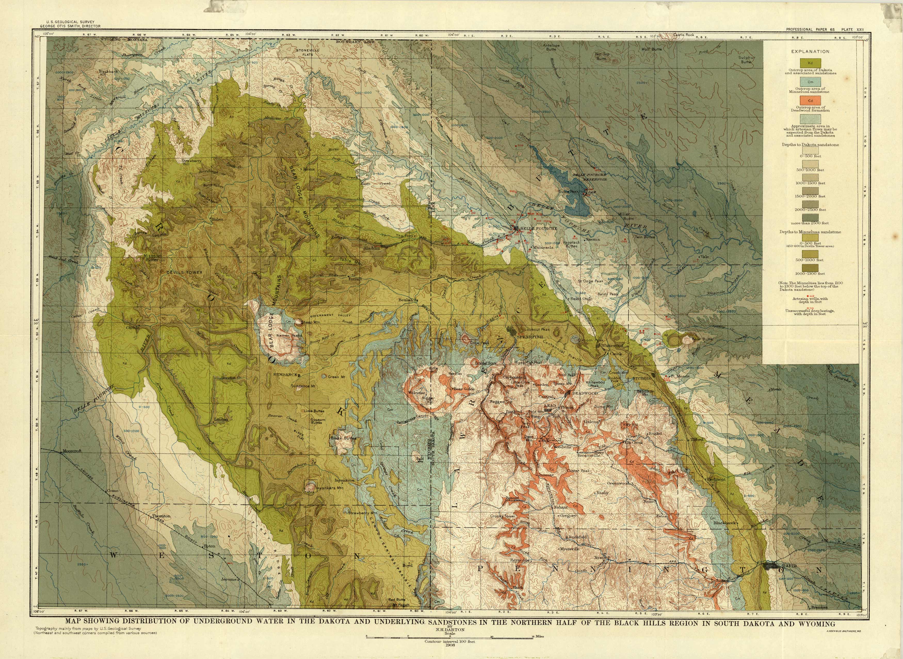 Map Showing Distribution of Underground Water in the Dakota and Underlying Sandstones in the Northern Half of the Black Hills Region in South Dakota and Wyoming