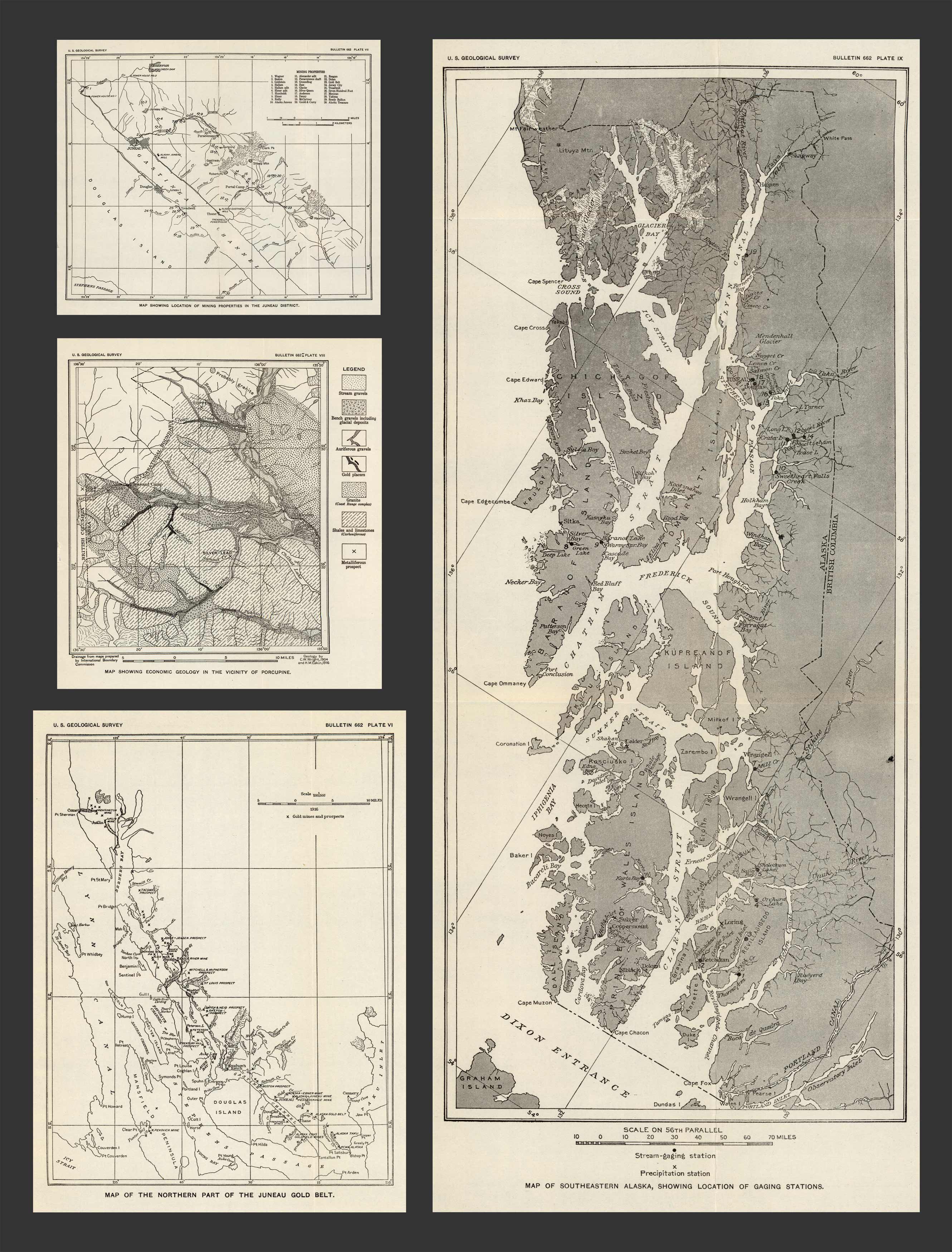Map Showing Location of Mining Properties in the Juneau District. Map Showing Economic Geology in the Vicinity of Porcupine. Map of the Northern Part of the Juneau Gold Belt. Map of Southeastern Alaska Map Showing Location of Mining Properties in the Juneau District. Map Showing Economic Geology in the Vicinity of Porcupine. Map of the Northern Part of the Juneau Gold Belt. Map of Southeastern Alaska