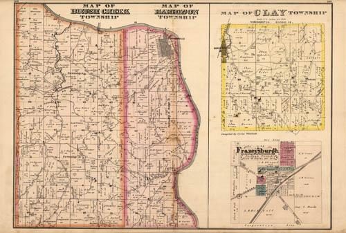 Map of Brush Creek Township. Map of Harrison Township. Map of Clay Township. Frazeysburgh. (Ohio)