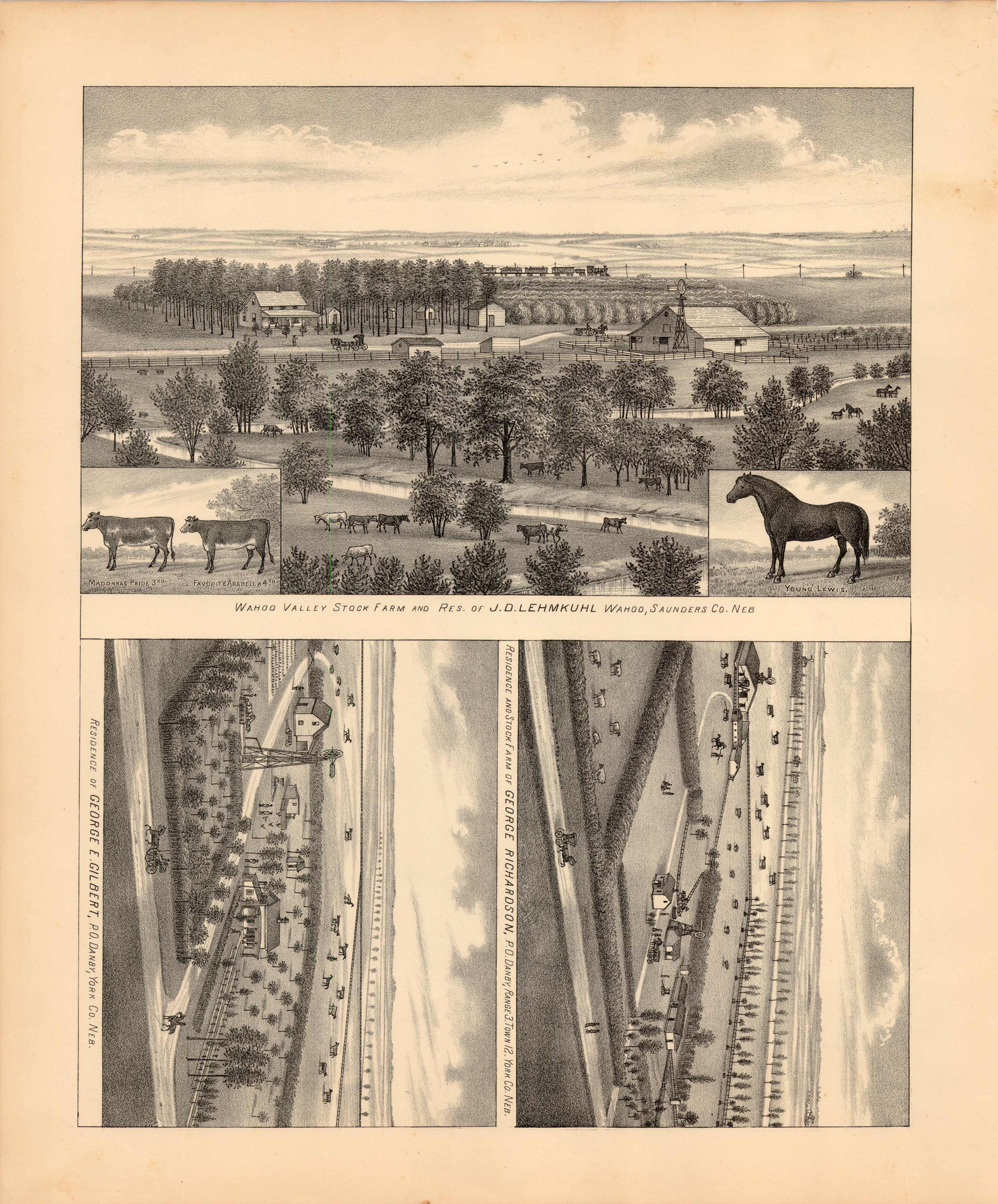 Wahoo Valley Stock Farm and Residence of J.D. Lehmkuhl; Residence and Stock Farm of George Richardson; Residence of George E. Gilbert Wahoo Valley Stock Farm and Residence of J.D. Lehmkuhl; Residence and Stock Farm of George Richardson; Residence of George E. Gilbert