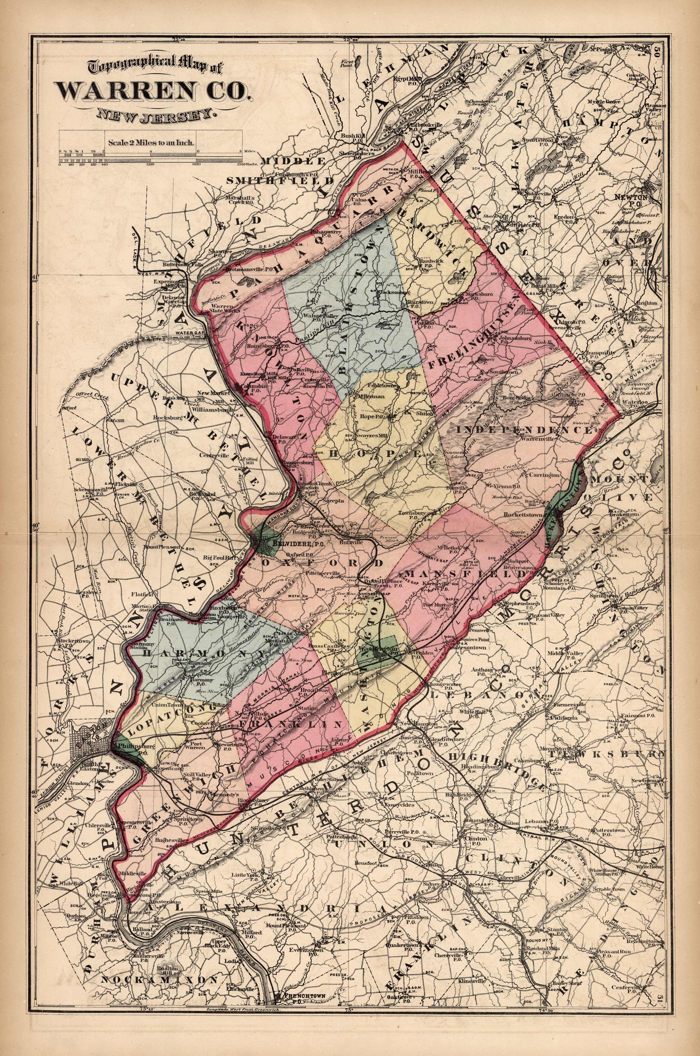 Topographical Map of Warren Co. New Jersey Art Source International