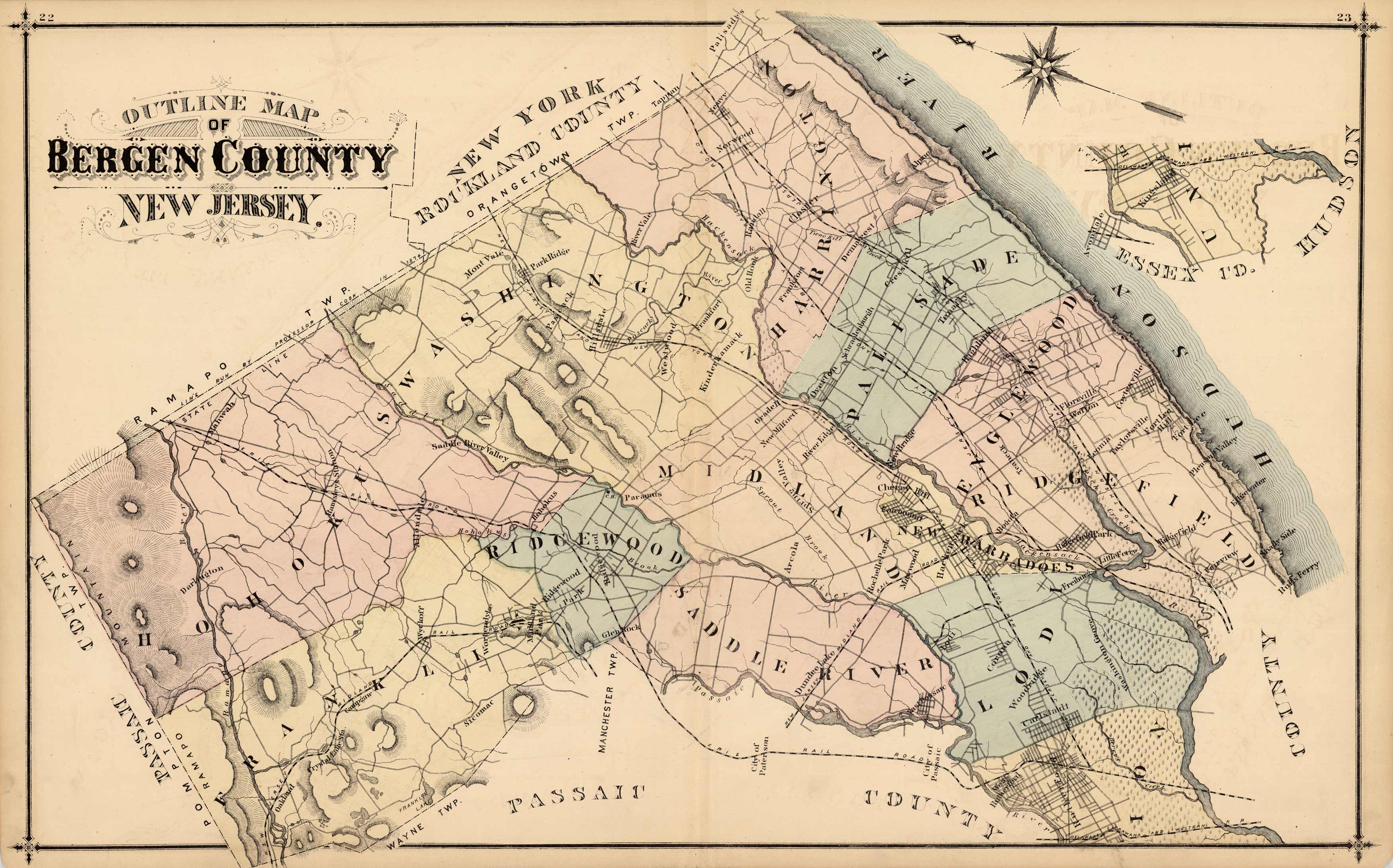 Outline Map of Bergen County, New Jersey Art Source International