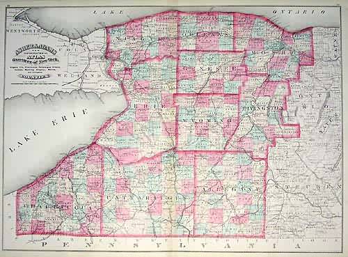 Asher & Adams New Topographical Atlas and Gazatteer of New York.   Niagara Erie Chautauqua Cattaraugus Orleans Genesee Wyoming Allegany Monroe and Livingston counties