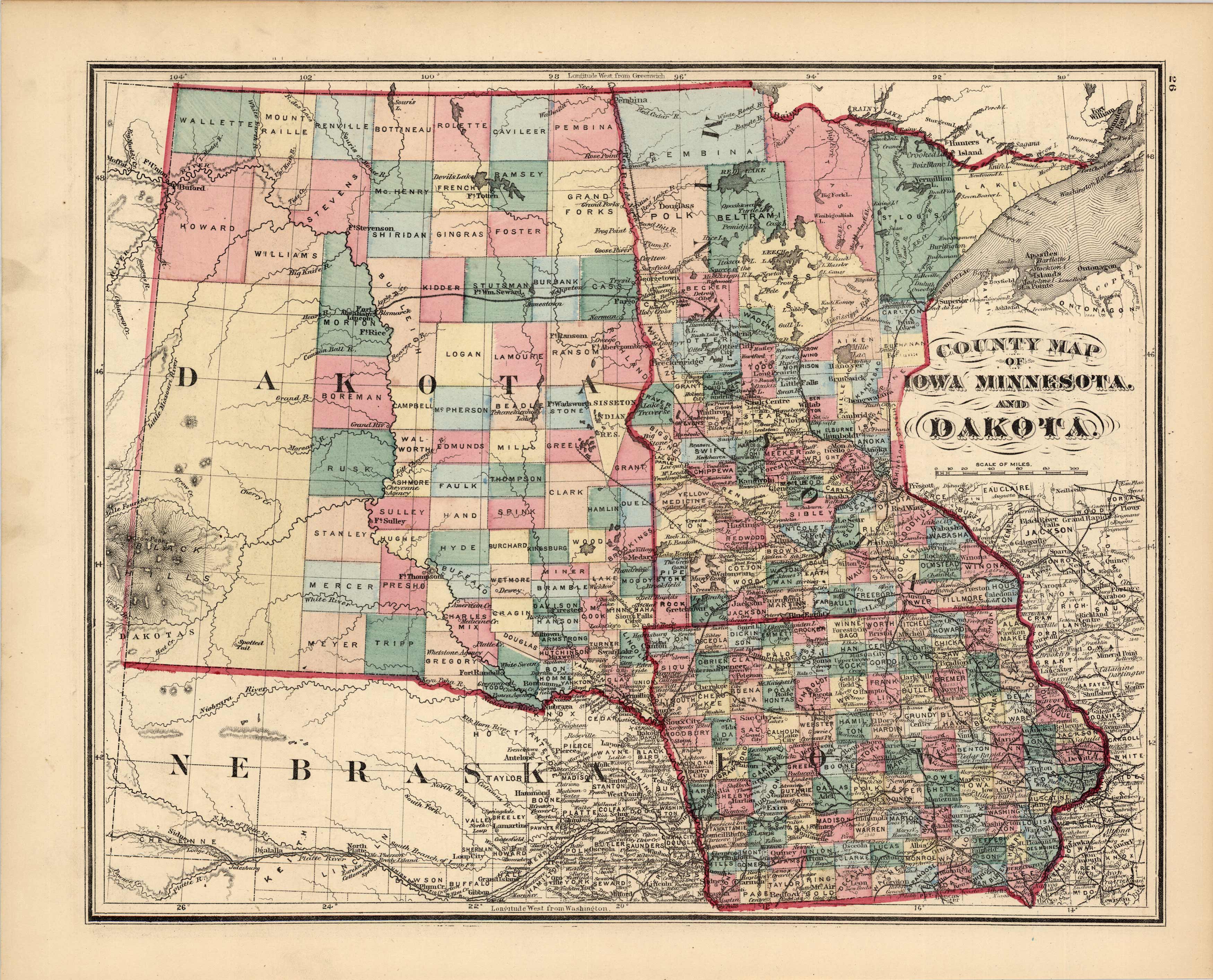 County Map of Iowa, Minnesota, and Dakota - Art Source International