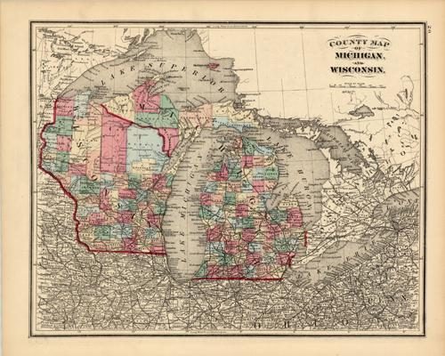 County Map of Michigan and Wisconsin