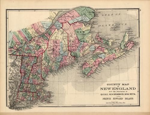 County Map of New England and Provinces of Quebec