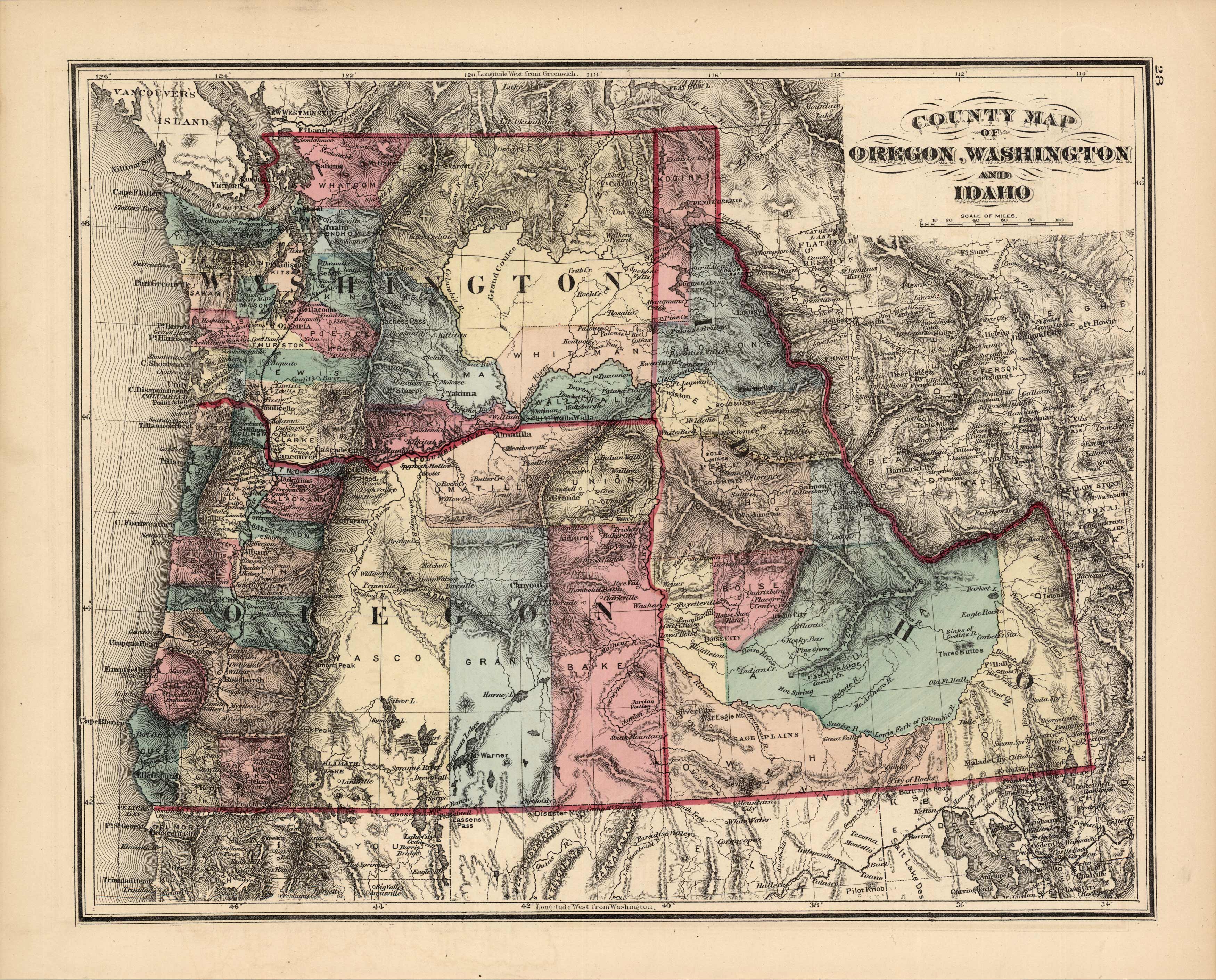 County Map of Oregon, Washington and Idaho - Art Source International