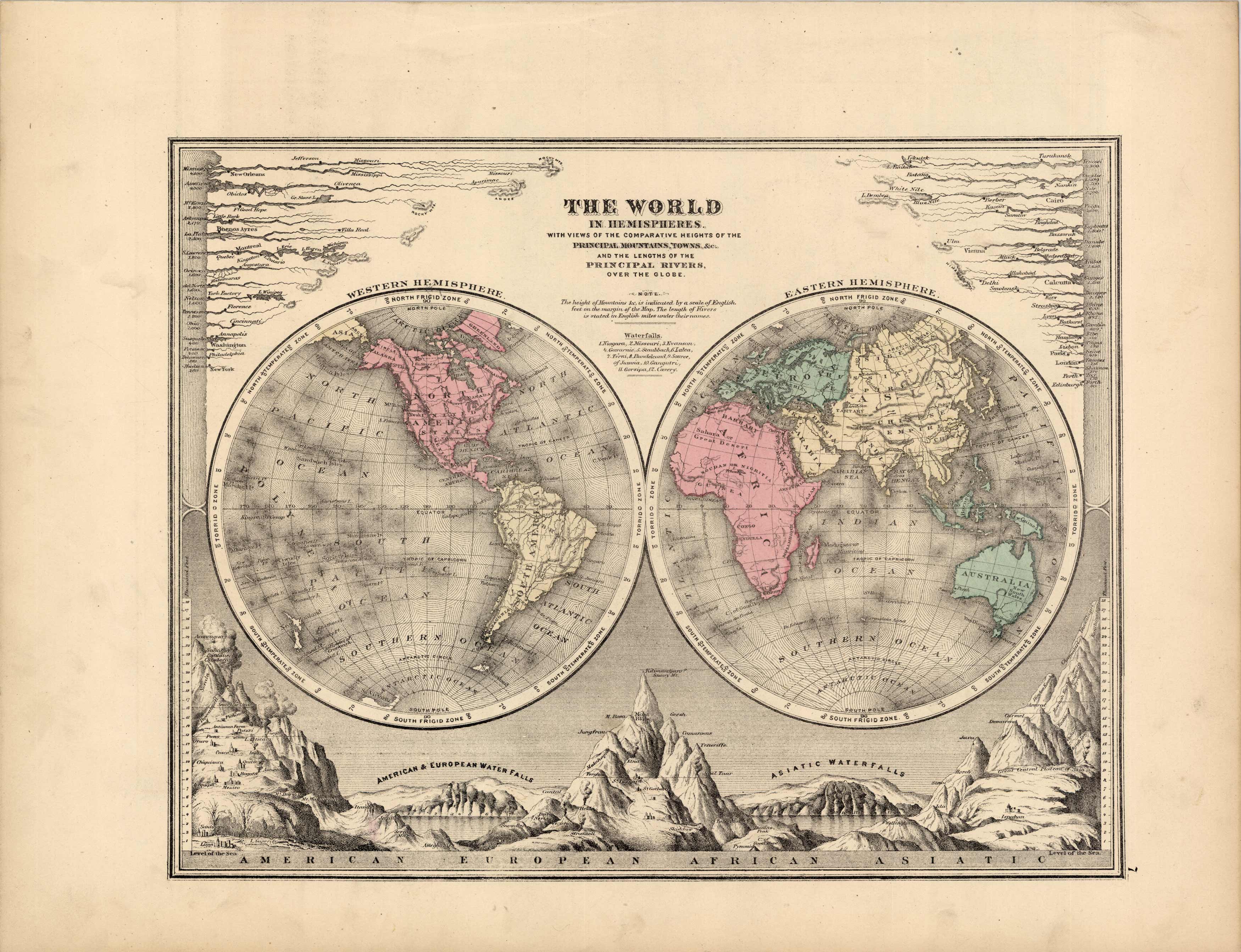 The World in Hemispheres with Views of the Comperative Heights of the Principal Mountains The World in Hemispheres with Views of the Comperative Heights of the Principal Mountains