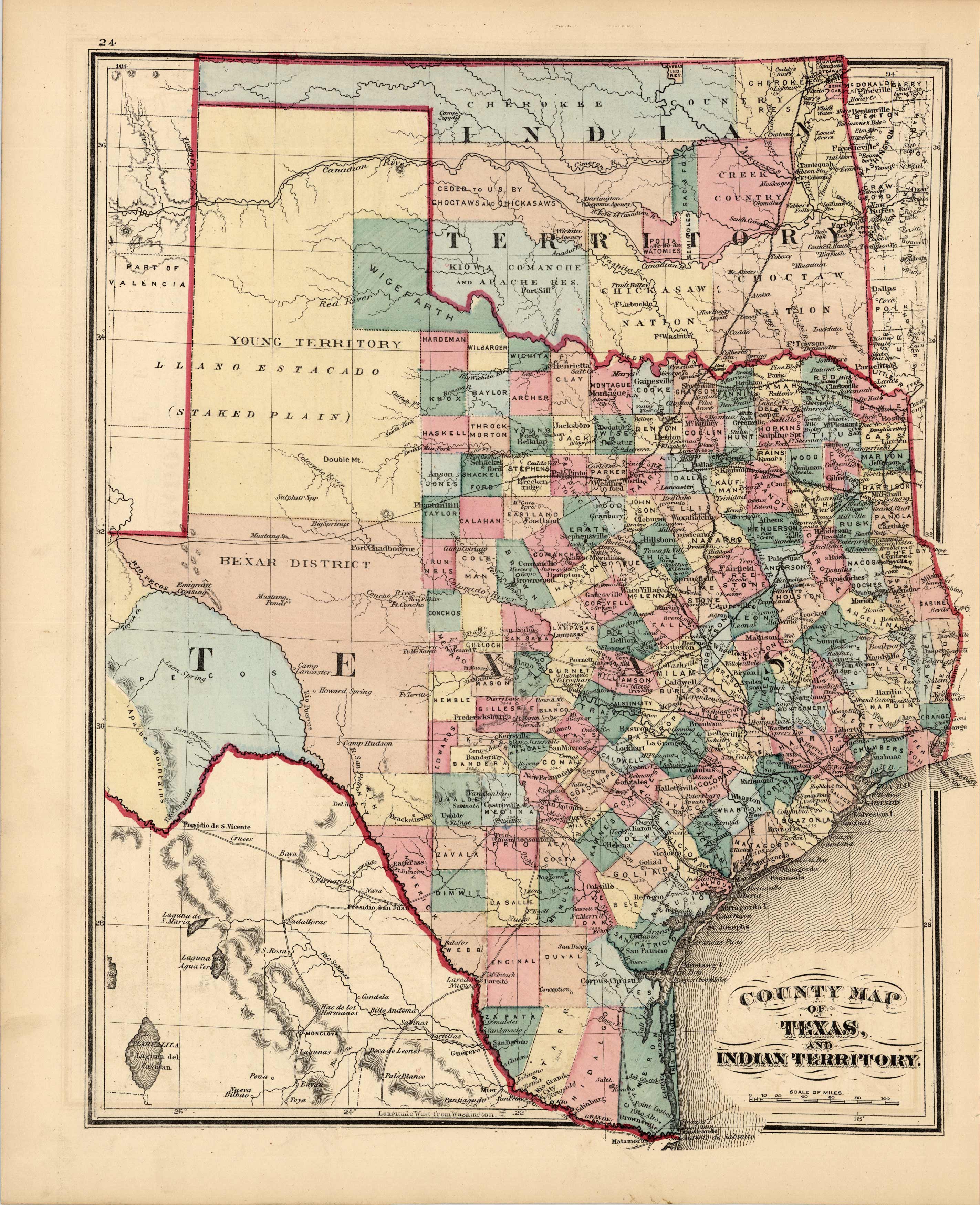 County Map of Texas and Indian Territory