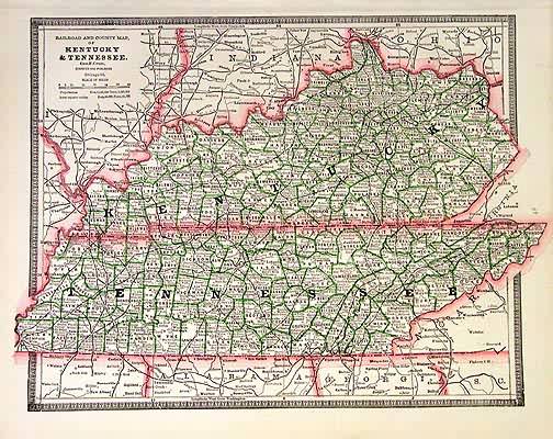 Railroad and County Map of Kentucky & Tennessee - Art Source International