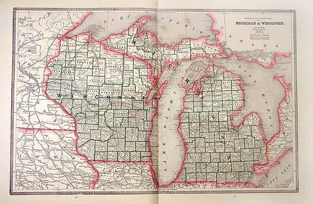 Railroad and County Map of Michigan & Wisconsin