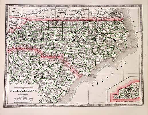 Railroad and County Map of North Carolina - Art Source International