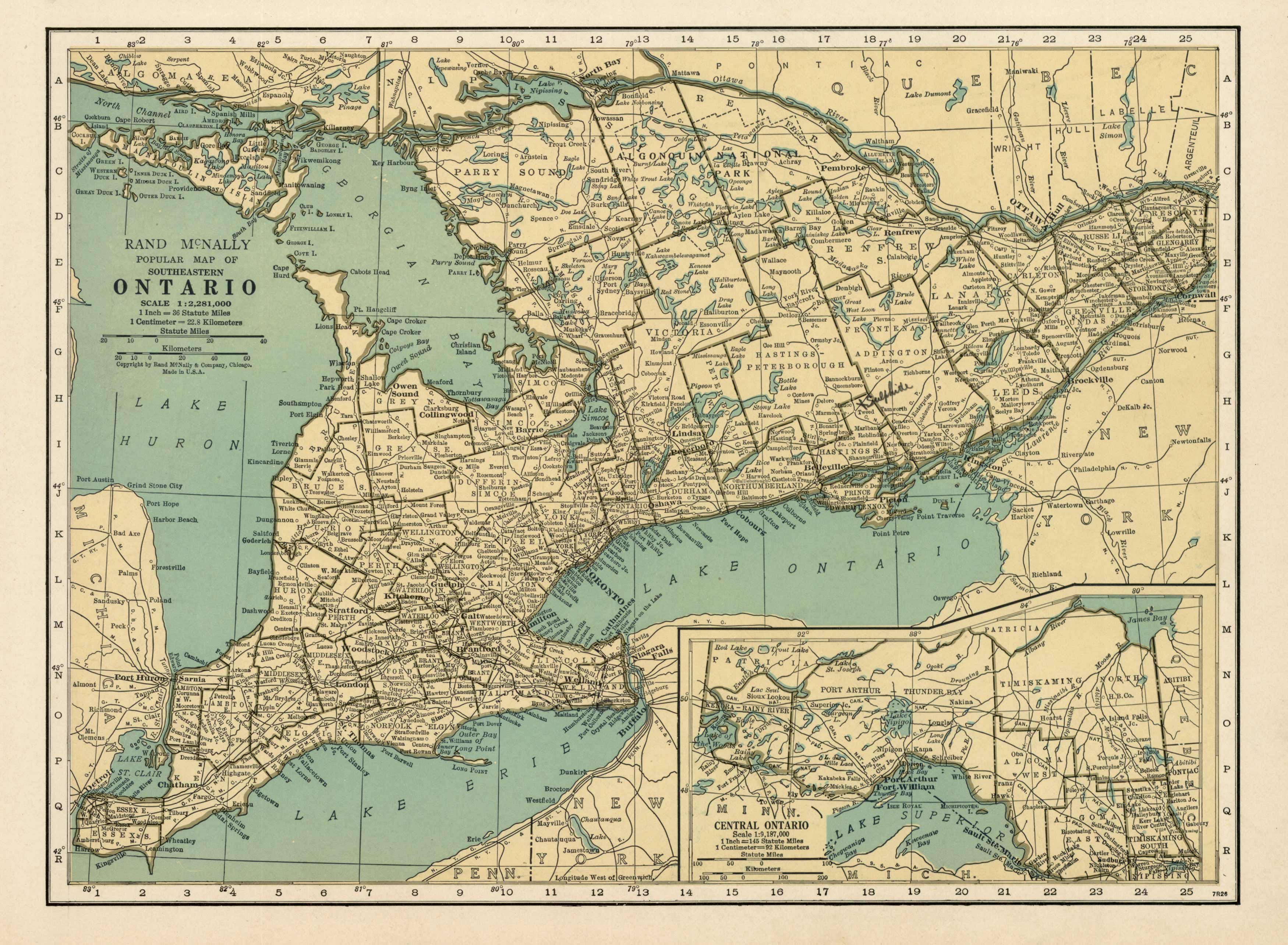 Popular Map Of Southeastern Ontario With Inset Of Central Ontario Art   RAND 1930 ONTARIO 