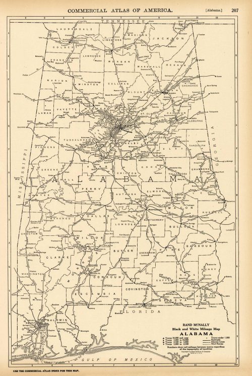 Black and White Mileage Map of Alabama