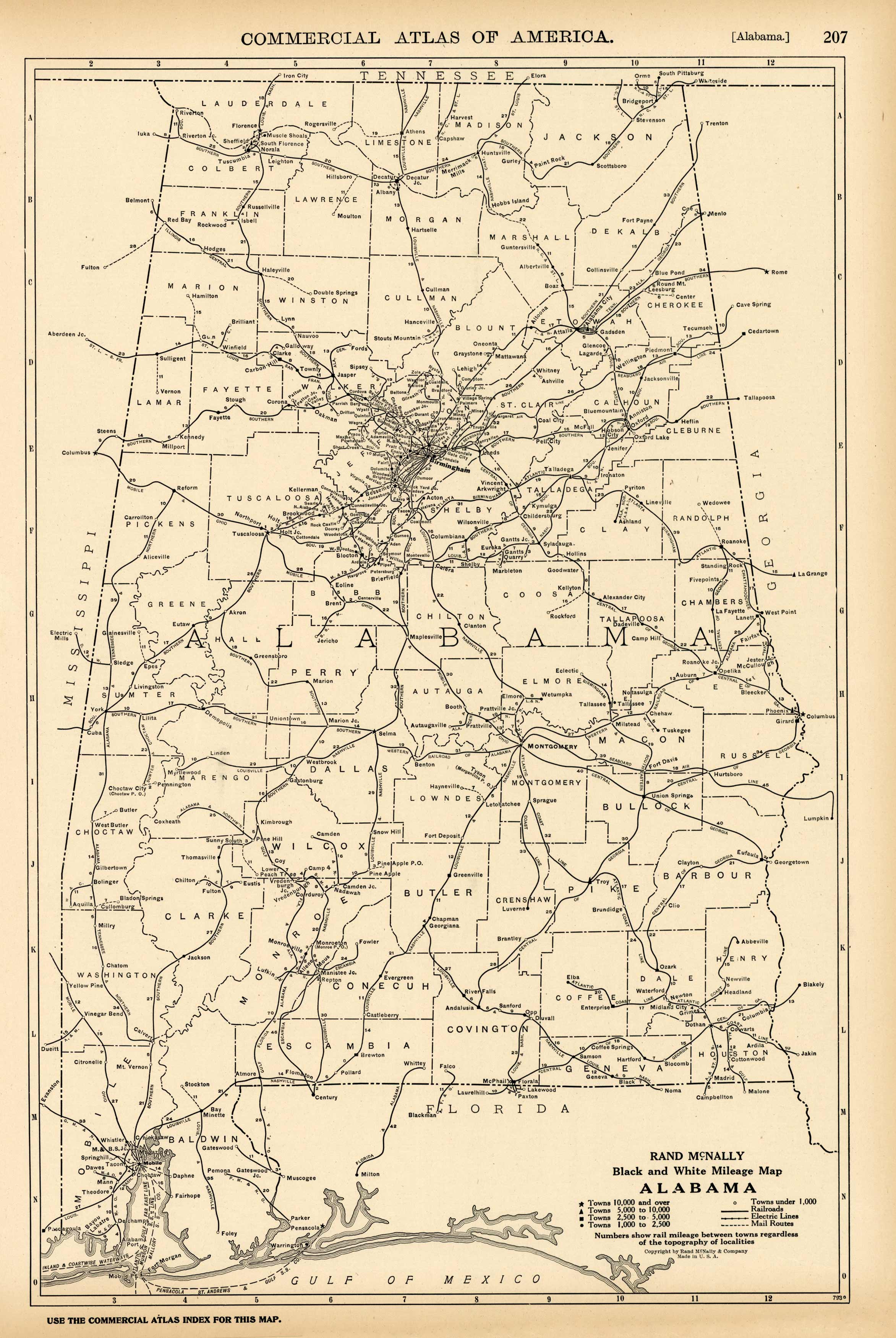 Black and White Mileage Map of Alabama