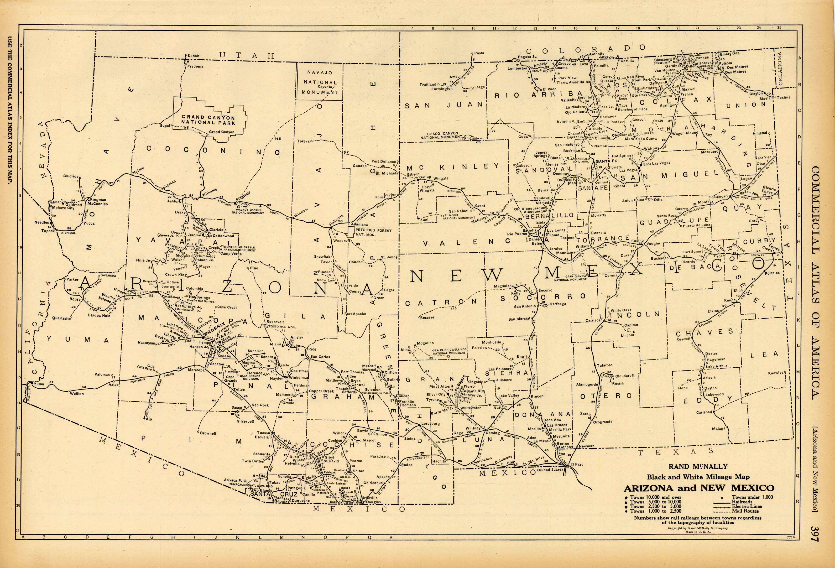Black and White Mileage Map of Arizona and New Mexico