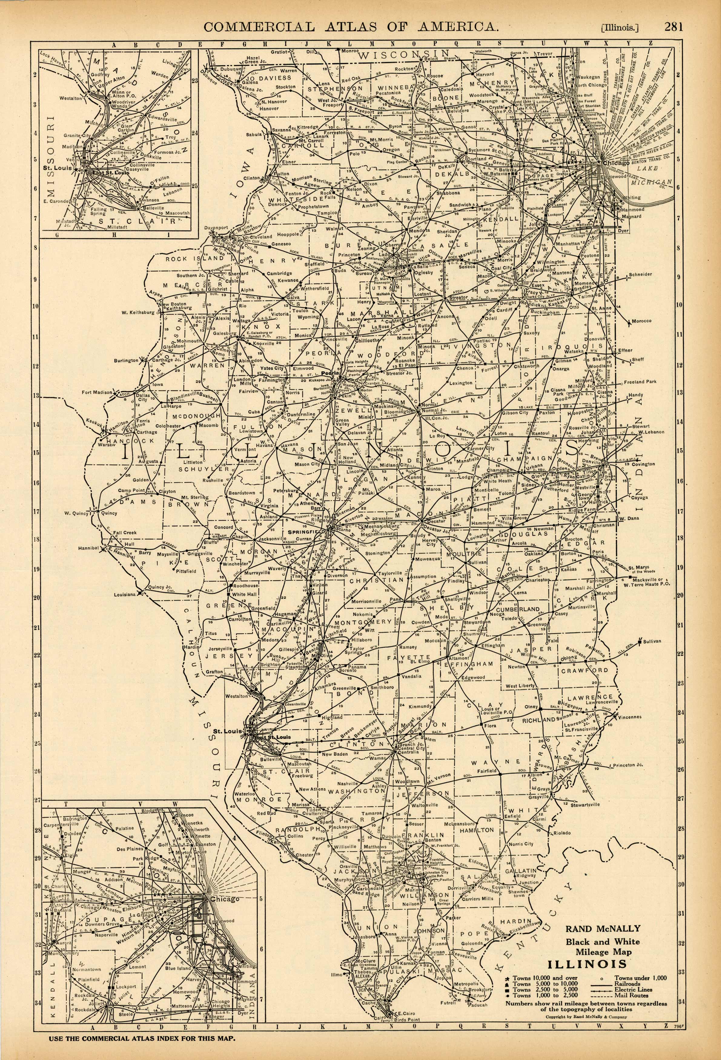 Black and White Mileage Map of Illinois