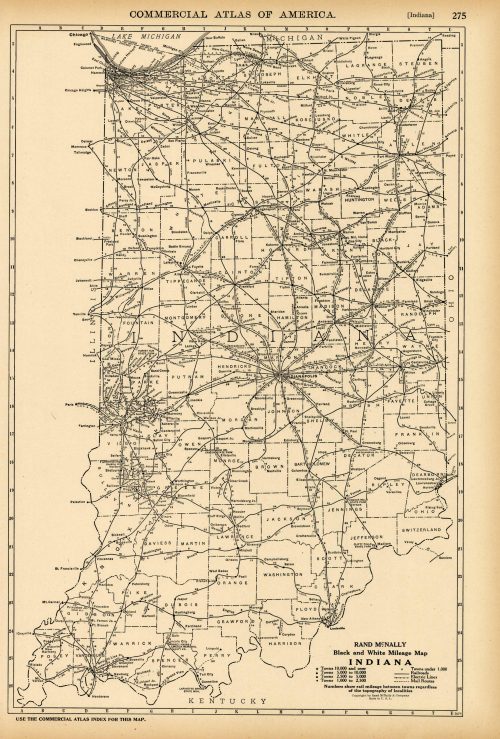 Black and White Mileage Map of Indiana