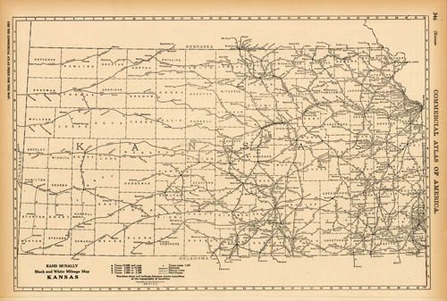 Black and White Mileage Map of Kansas