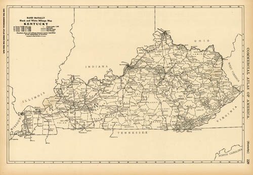 Black and White Mileage Map of Kentucky