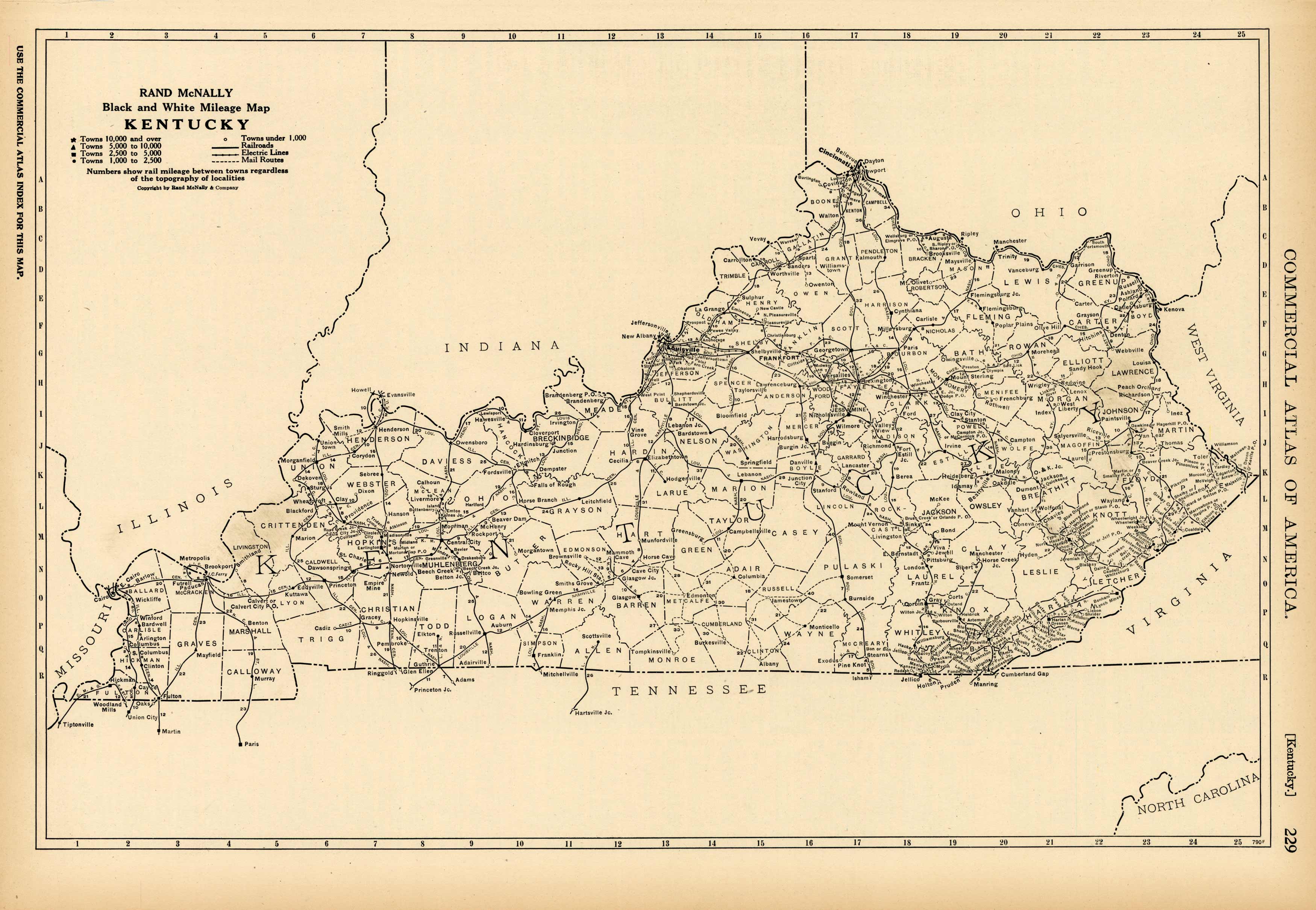 Black and White Mileage Map of Kentucky Art Source International