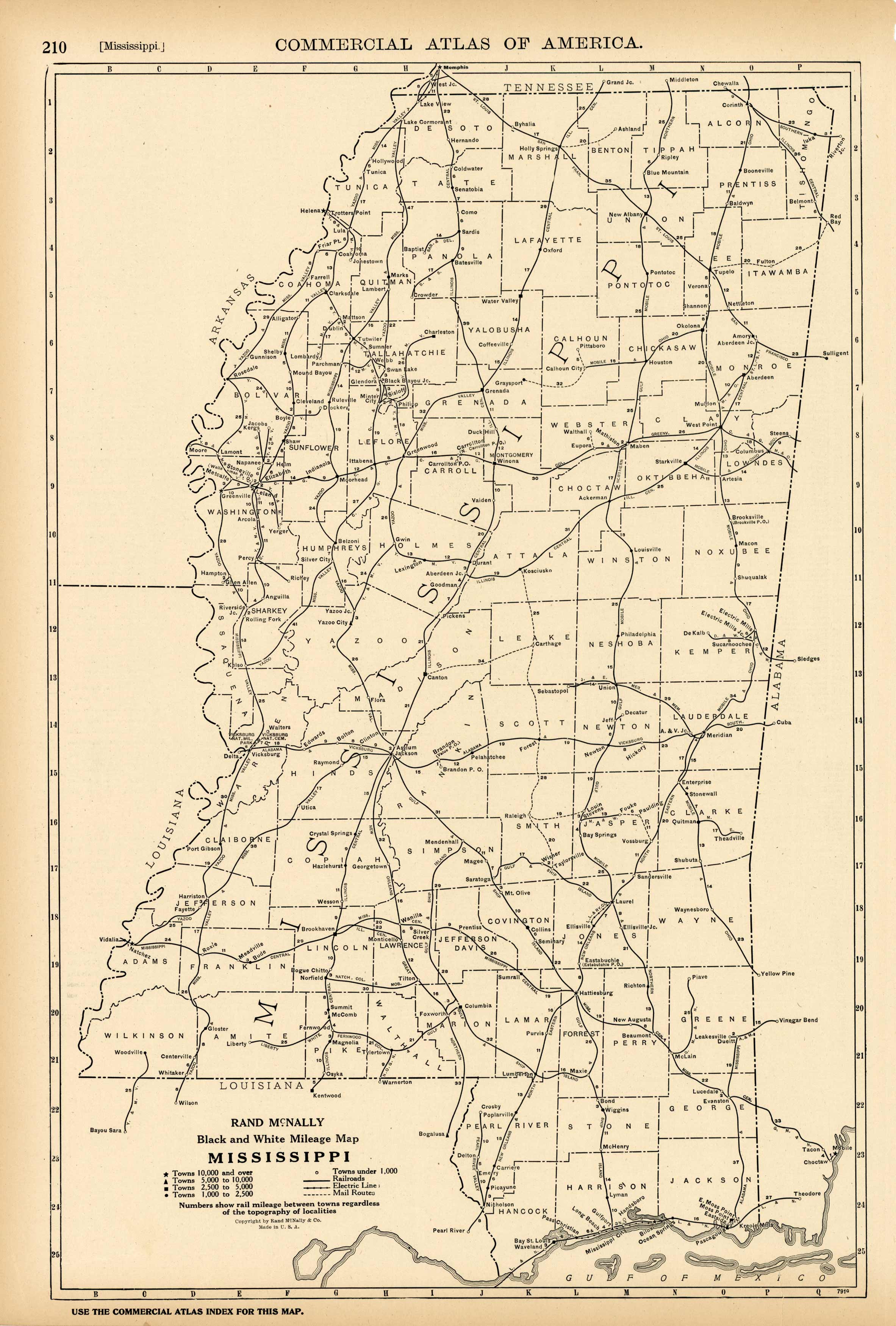 Black and White Mileage Map of Mississippi